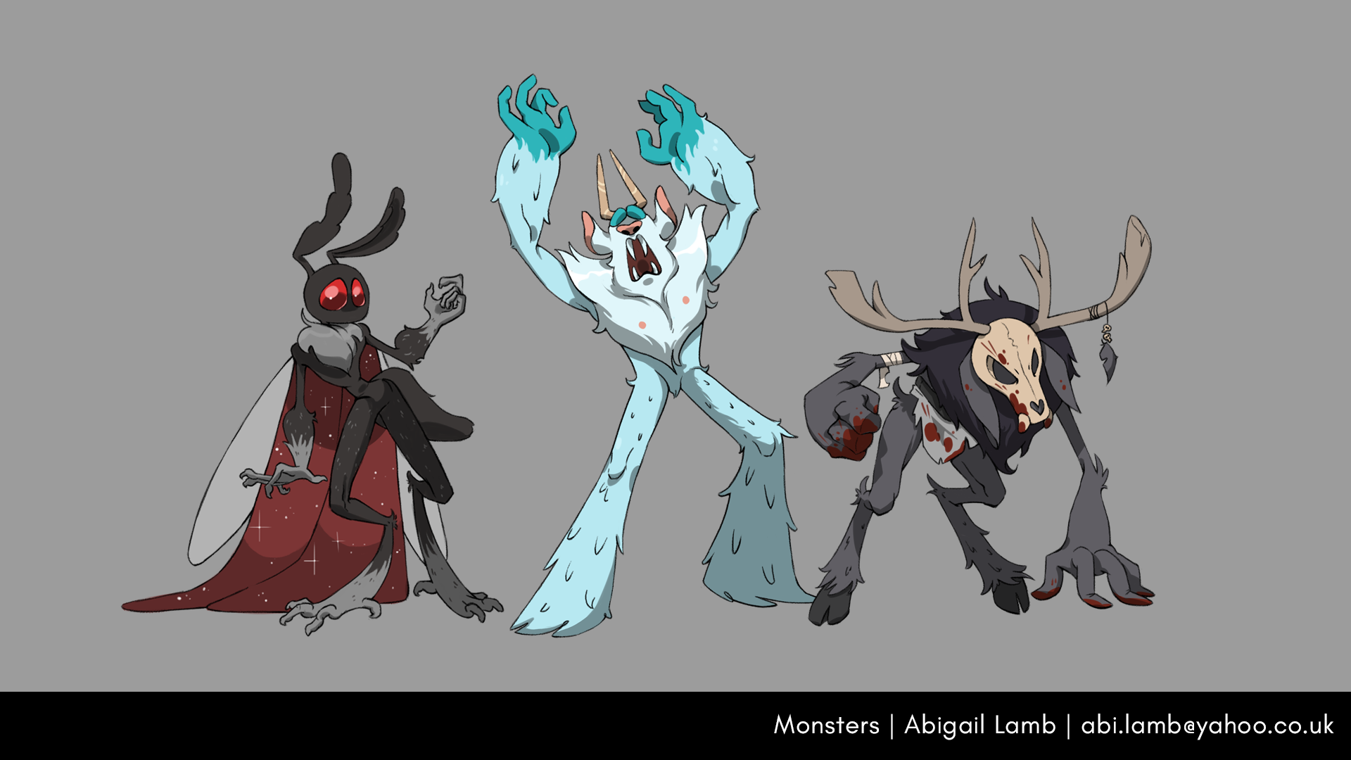 A character line-up of three cryptids. A mothman, a yeti and a wendigo.