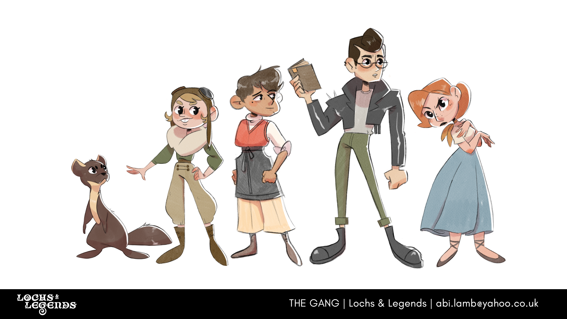A character line up sheet for TV pilot Lochs & legends. From left to right there is Bonny the Pine Marten, Effie McCormack - a young blonde girl wearing aviation gear, Carlo Montanari - a young Italian cafe employee, Lachlan "Lockie" Galbraith - a young man with slicked back hair and a biker jacket but also a book and glasses and Norah Haggan - a young dramatic lady with well kept red hair and a flowy skirt.
