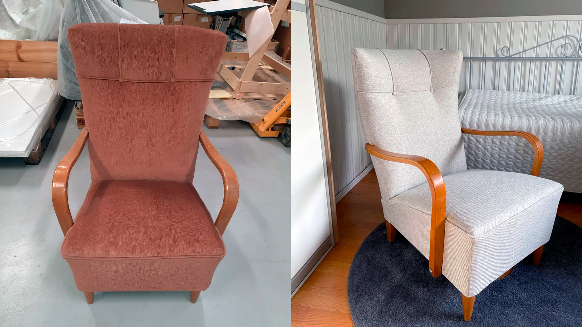 Kangas uusittiin ja puuosat kiillotettiin lakalla. Pehmusteet olivat hyvässä kunnossa, mutta pientä entrausta tehtiin pintaan.