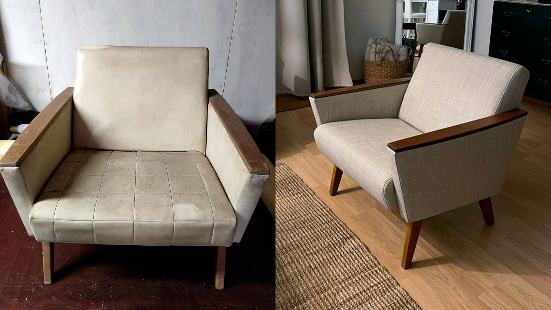 60-luvun lepotuoli, jossa keinonahka oli istuimessa niin huonossa kunnossa, että tuoli oli pakko verhoilla uudestaan. Lopuksi puuosat kiillottamalla tuoli saatiin uuden veroiseksi.