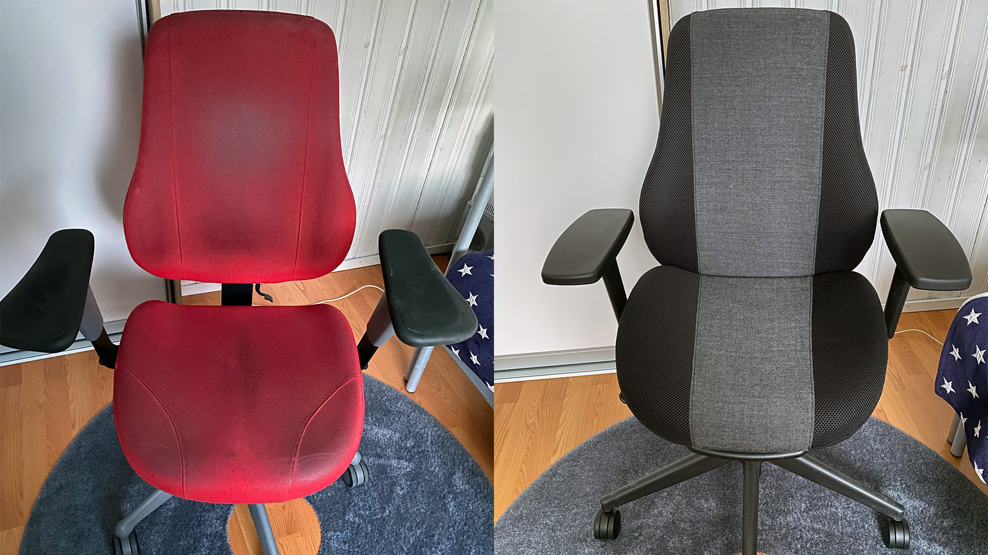 Iskun Step-työtuoli koki täydellisen muutoksen. Jäljelle jäi vain vanhat pehmusteosat. Käsinojat ja kangas vaihdettiin uuteen, ja lopputulos oli hieno.