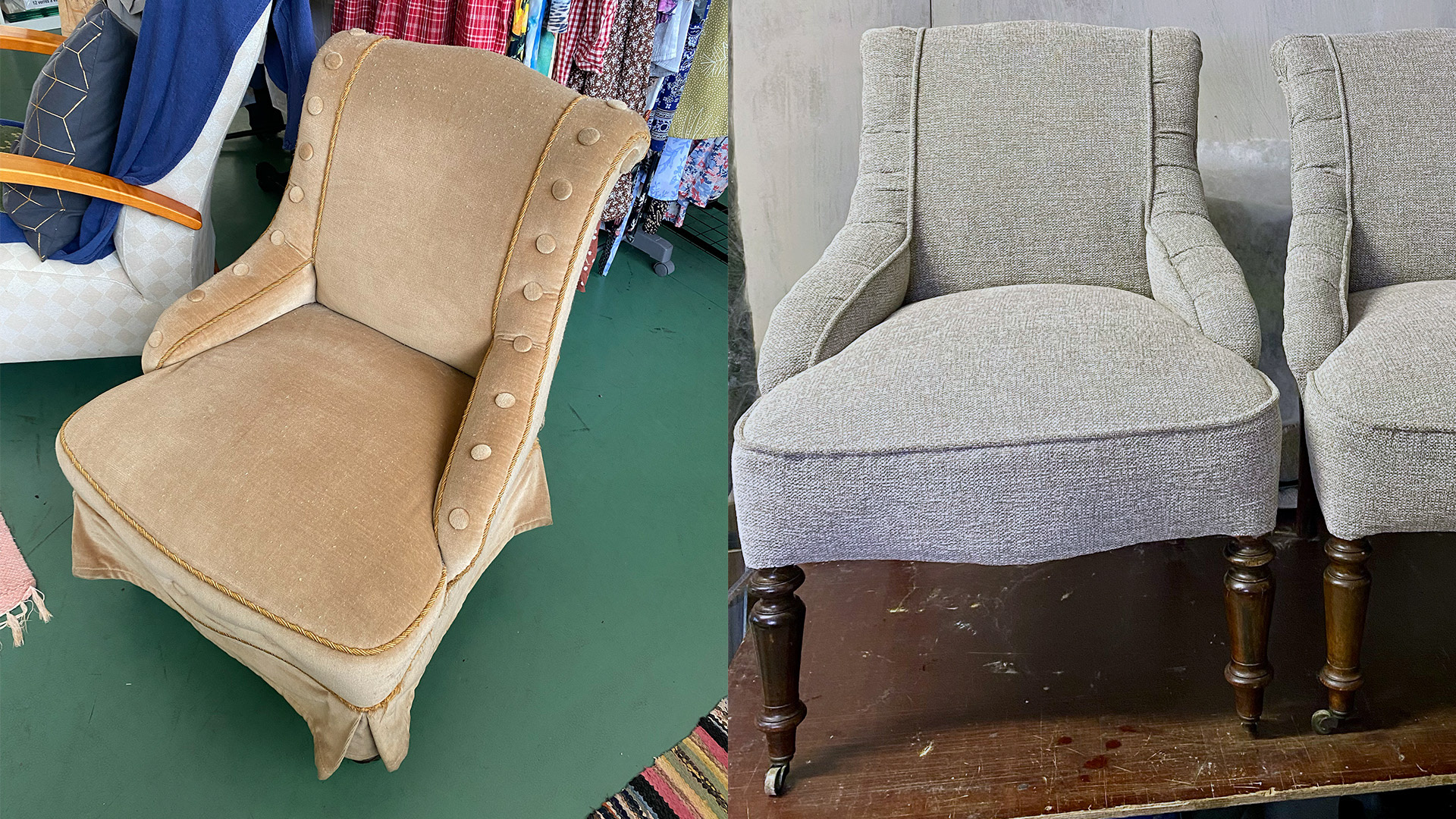 Tuolit löytyivät kirpputorilta Lammilta. Ne oli aikoinaan verhoiltu jo kerran uudelleen, mutta kokeneet kovia kissataloudessa. Tuolit ovat nyt verhoiltu uudestaan, ja ovat menossa tyttäreni hääjuhlaan morsiusparin tuoleiksi.