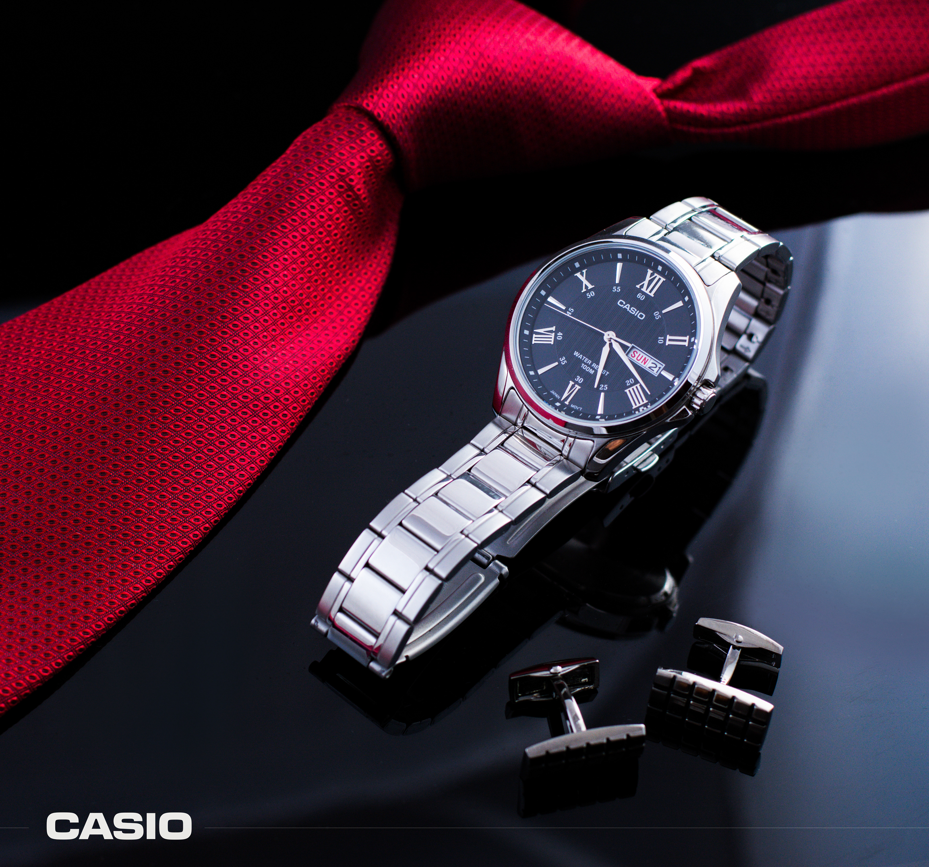 Bold and cinematic watch with red tie – themed creative product photography inspired by Fifty Shades aesthetics