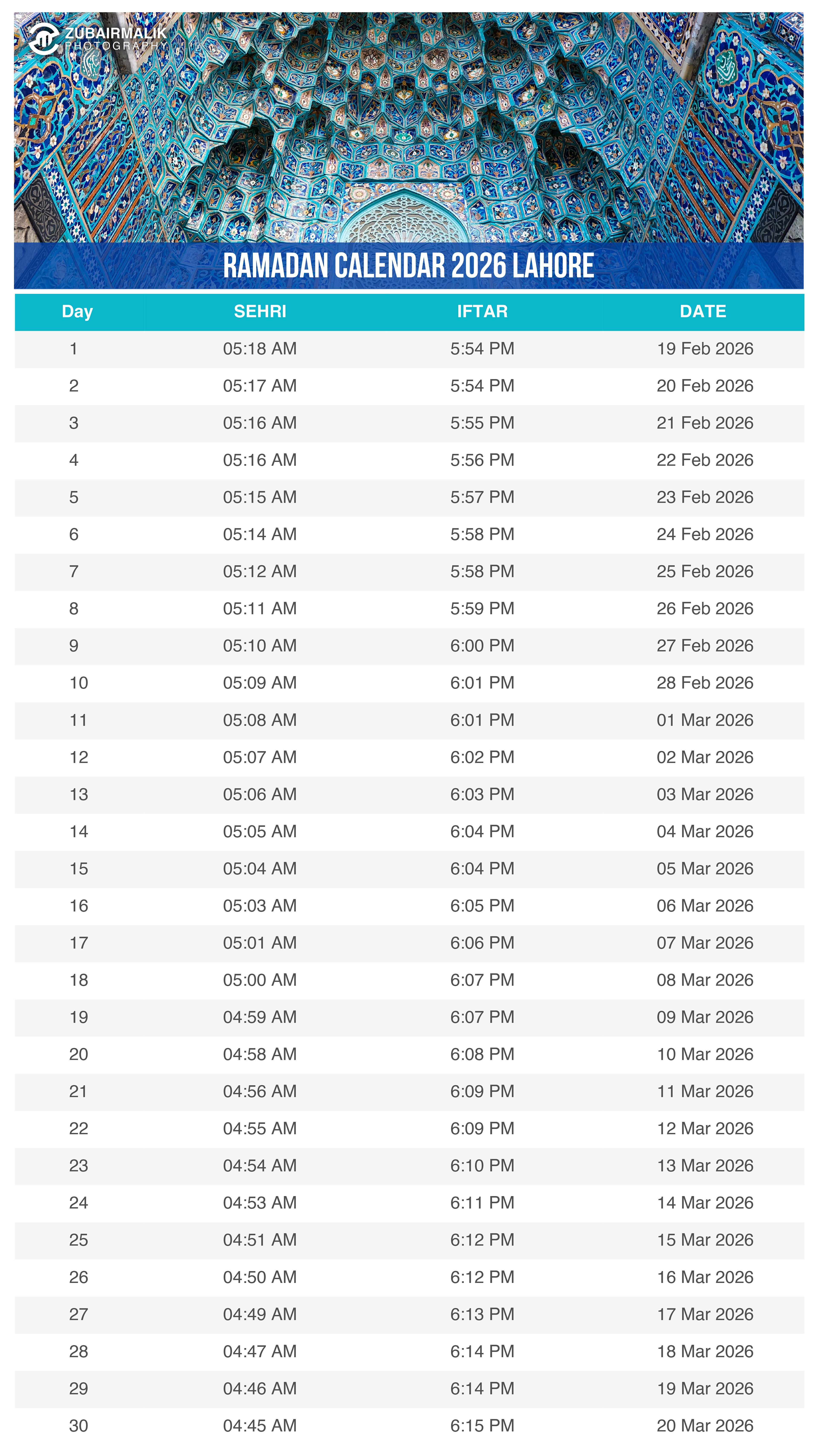 Ramadan Calendar 2026 Lahore provides accurate daily Sehri and Iftar timings for Muslims in Lahore, Pakistan. This complete Ramadan timetable helps you observe fasting with confidence by offering precise fasting times throughout the holy month.  You can download the Ramadan Calendar 2026 Lahore PDF or save the Ramadan Calendar Lahore JPG image for easy access on your mobile, tablet, or computer. This printable Ramadan calendar ensures you always have the correct Sehri and Iftar schedule available.