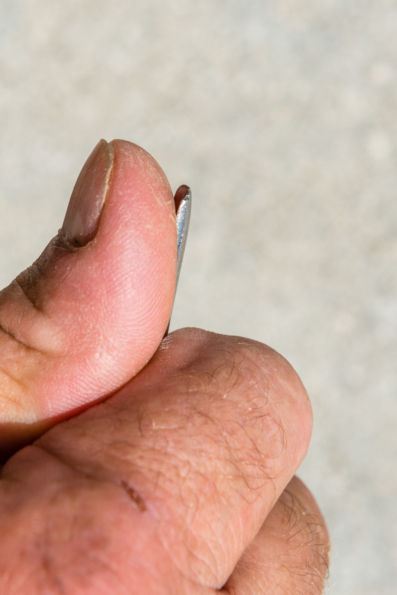The curve of the elevator tip faces the fingerprint side of the thumb.