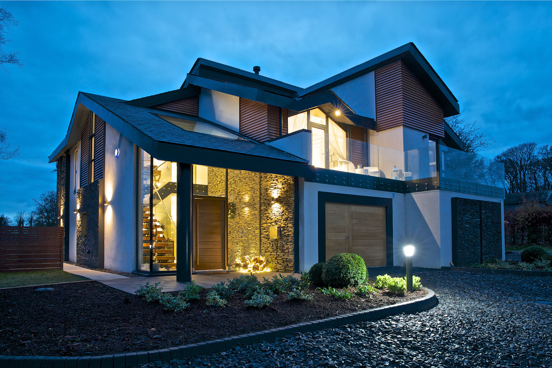 Dusk real estate photography of a luxury home in The Lake District