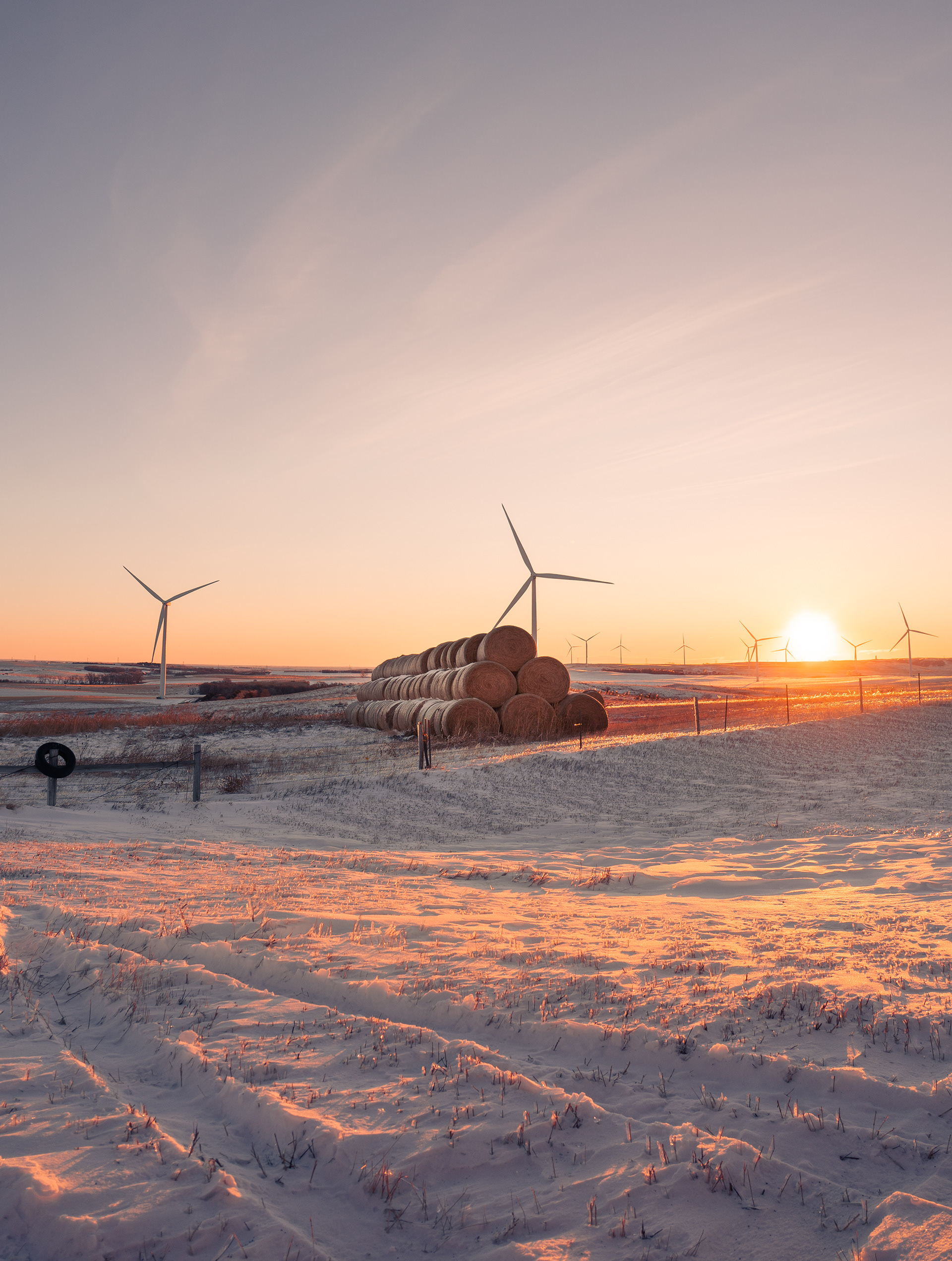 Wind mills and rolls of hay in Mobridge, South Dakota
