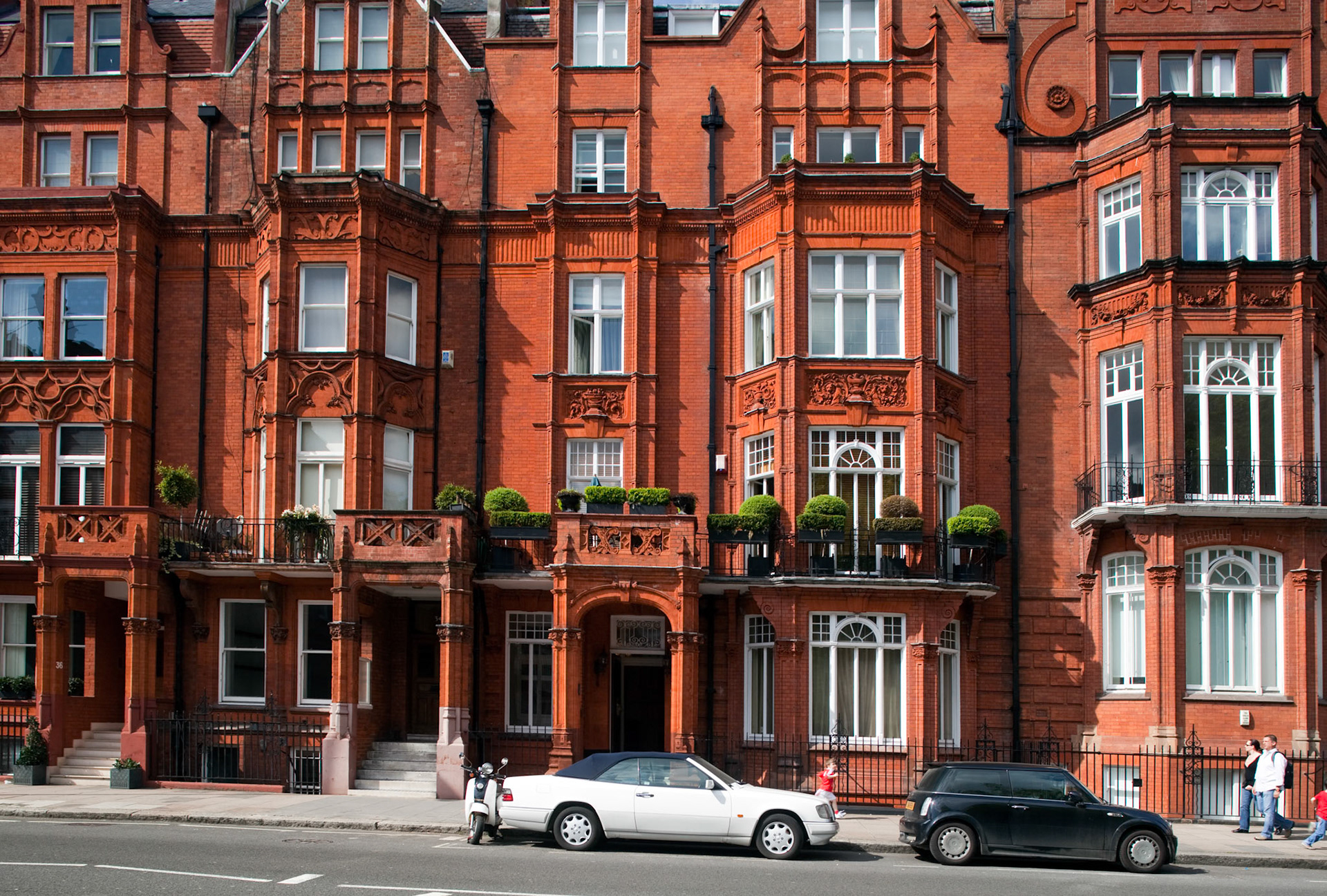 London, UK, May 3 2009, Discover a beautifully designed Victorian building in red brick located on Pont Street, Kensington, showcasing historic architecture.