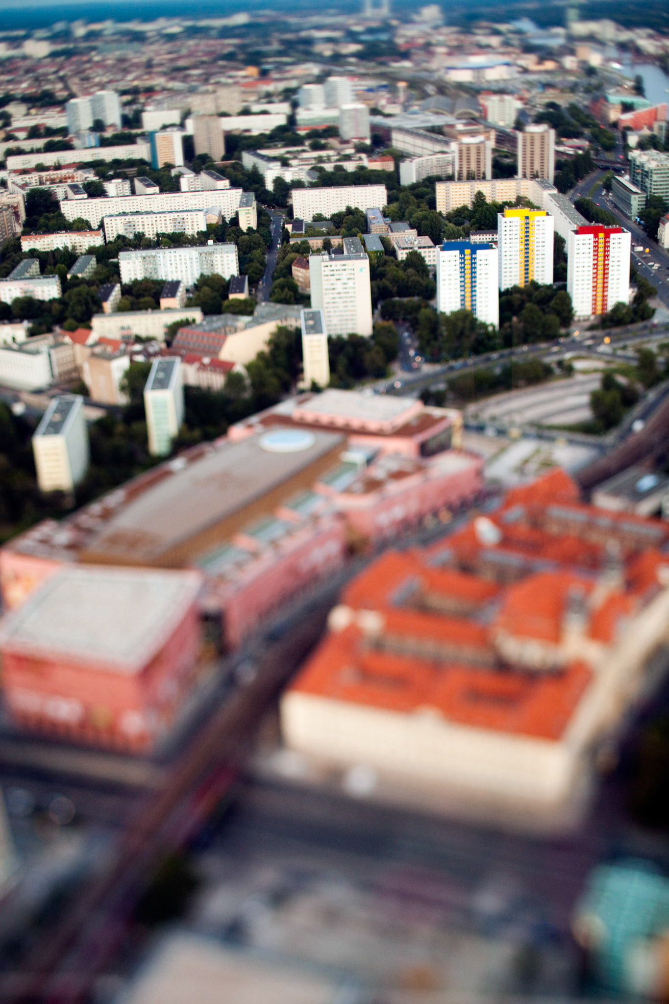 This aerial view highlights Alexanderstraße in former East Berlin, showcasing a unique miniaturization effect from a tilted lens.