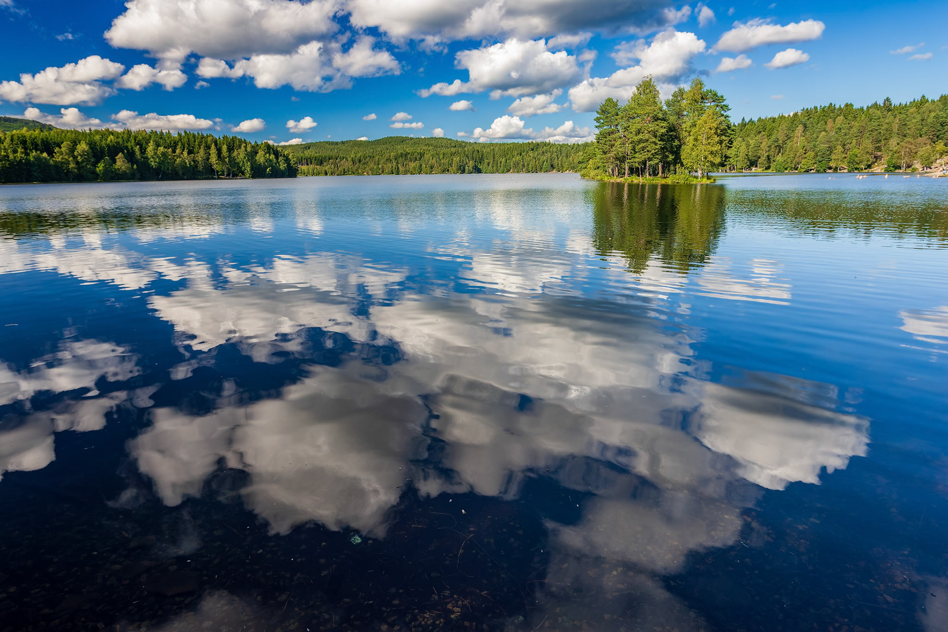 Sognsvann Lake in Oslo shows stunning reflections of clouds and surrounding trees under a clear blue sky on a sunny afternoon.