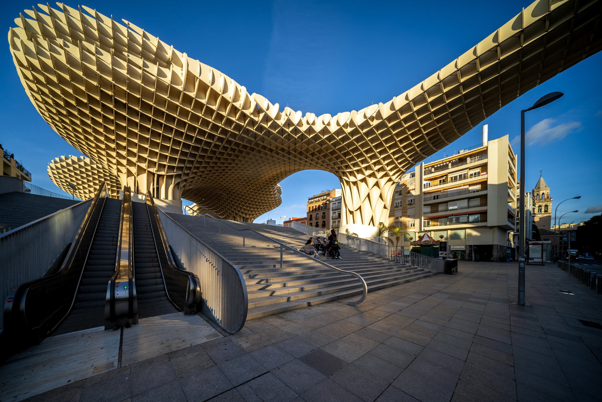 Seville, Spain, Jan 28 2021, Captivating view of Las Setas, a modern architectural masterpiece in Seville, Spain. The structure's intricate design is highlighted by a clear blue sky.