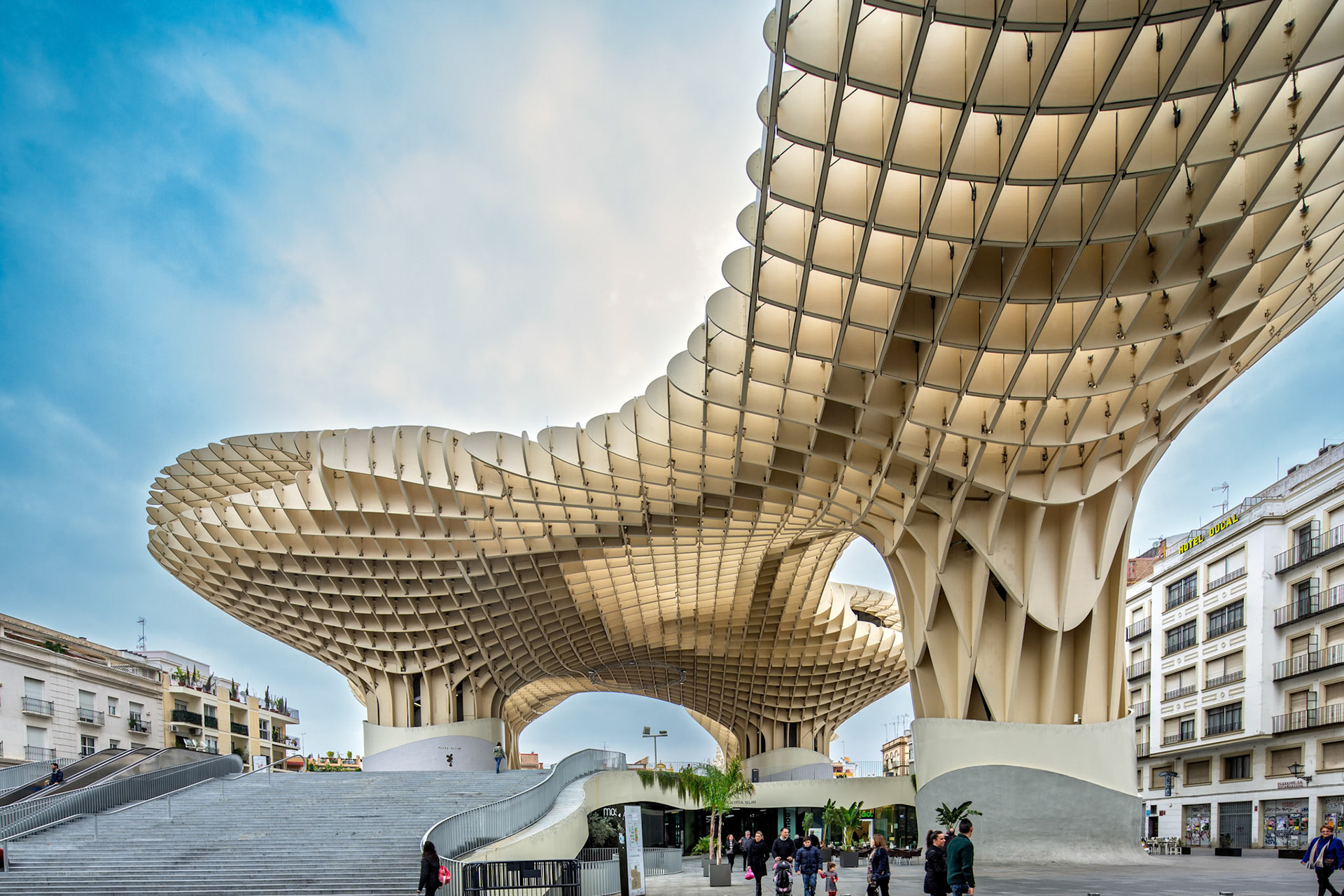 Seville, Spain, Jan 12 2014, The architectural beauty highlights Las Setas Metropol Parasol in Seville's vibrant setting.