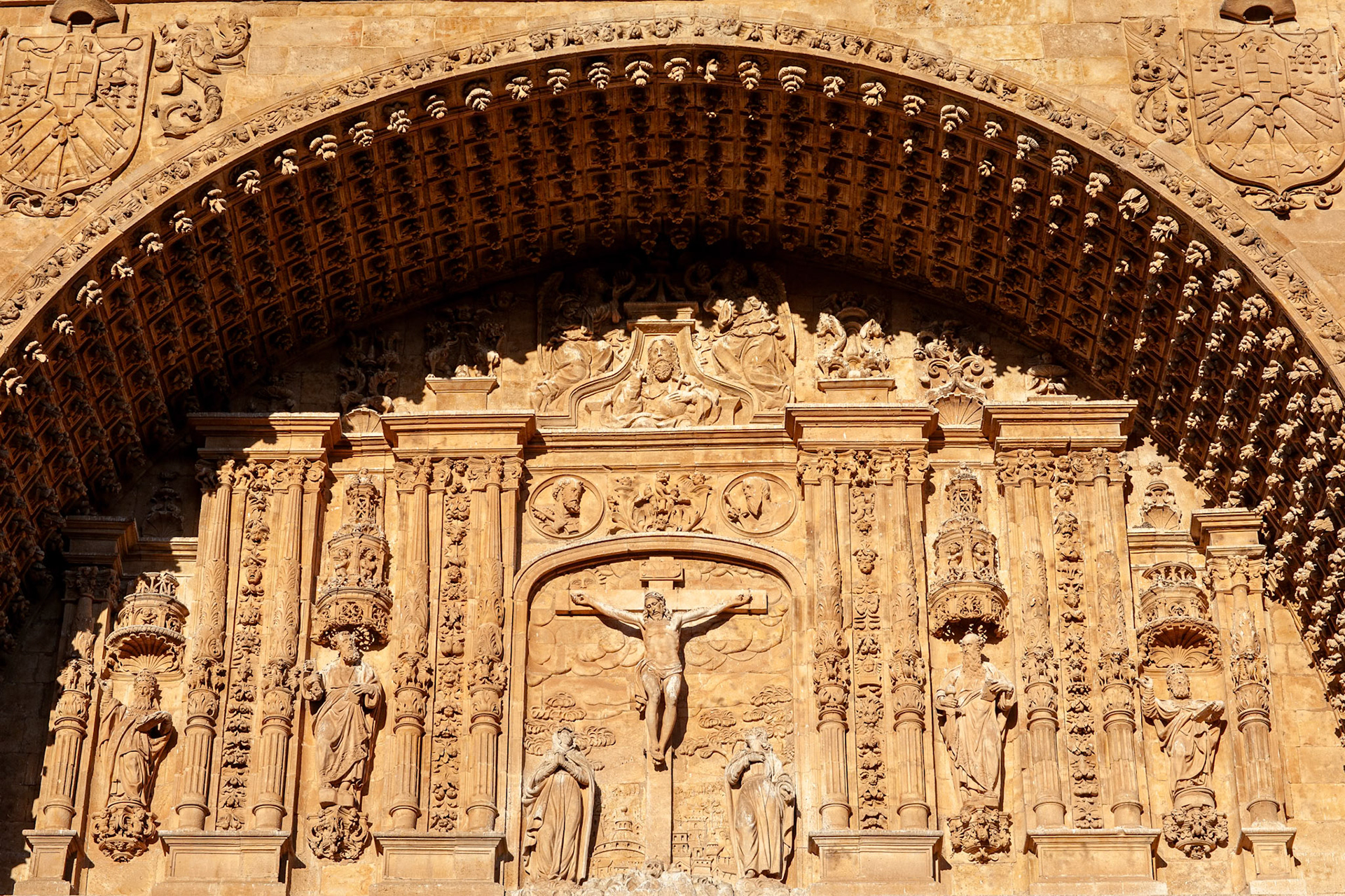 Detailed stone carvings from San Esteban church facade in Salamanca, Castilla y Leon, Spain.