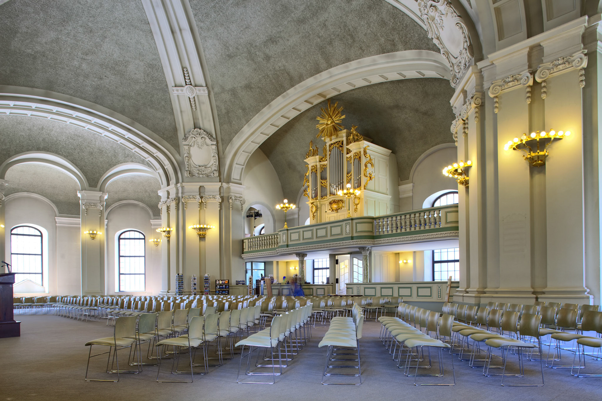 Berlin, Germany, July 29 2009, Explore the grand interior of the Französische Dom, featuring elegant seating and architectural details in the heart of Berlin.