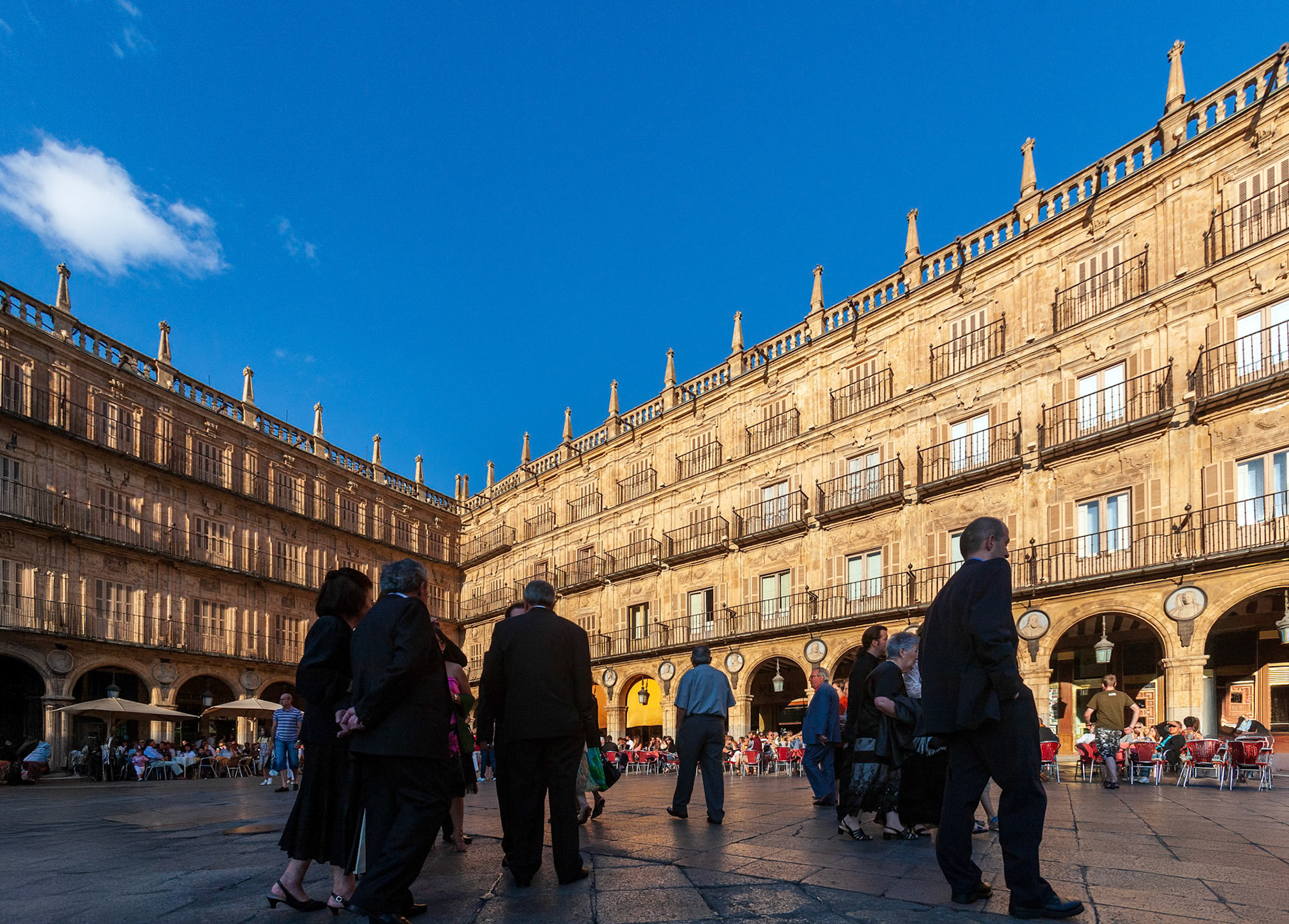 Salamanca, Spain, Aug 18 2018, Baroque architectural plaza with visitors enjoying the historic square in Salamanca, Spain.