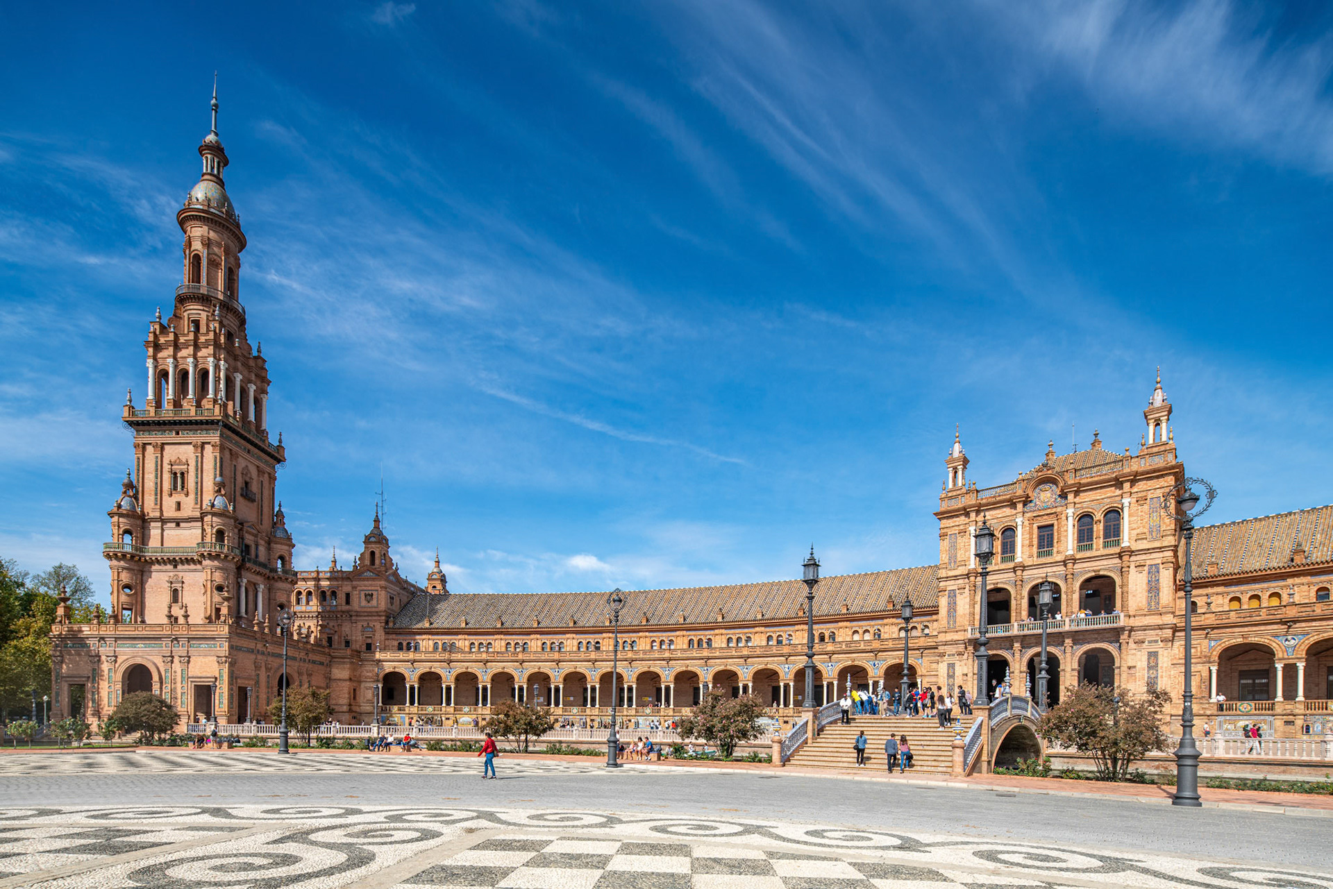 Sunny day view of the south tower at Plaza de Espana in Seville.
