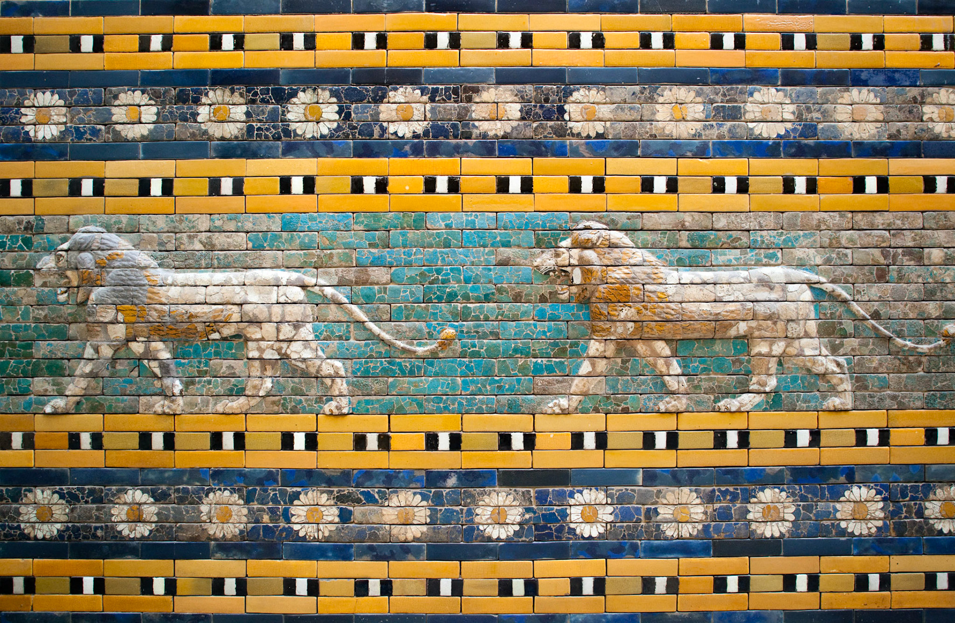 Berlin, Germany, July 24 2009, Ceramic lions showcase ancient craftsmanship from Babylon, displayed in the Pergamon Museum in Berlin, capturing historical artistry.