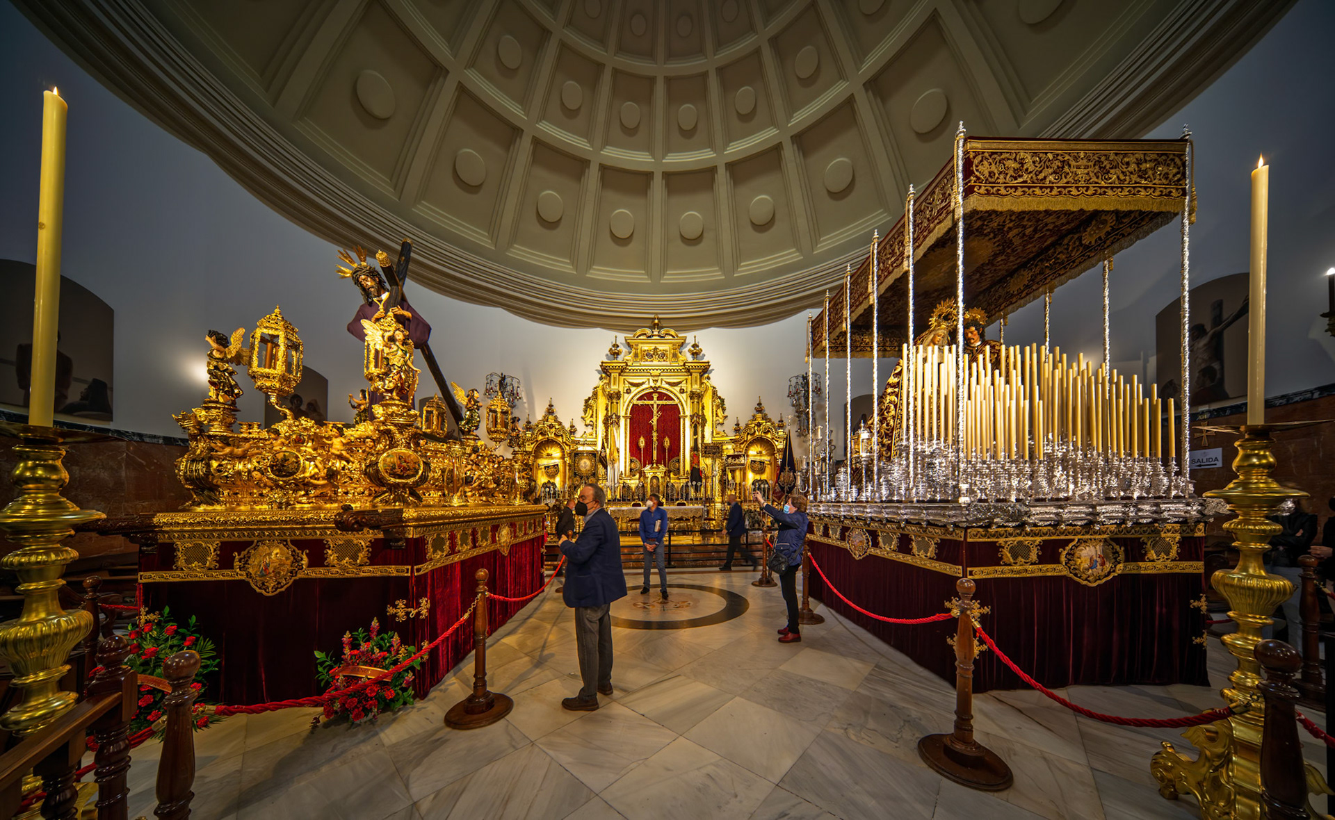 Gran Poder mystery float and Virgin del Mayor Dolor canopy float in Gran Poder Basilica for Good Friday procession. Holy Week in Seville, Andalusia, Spain.