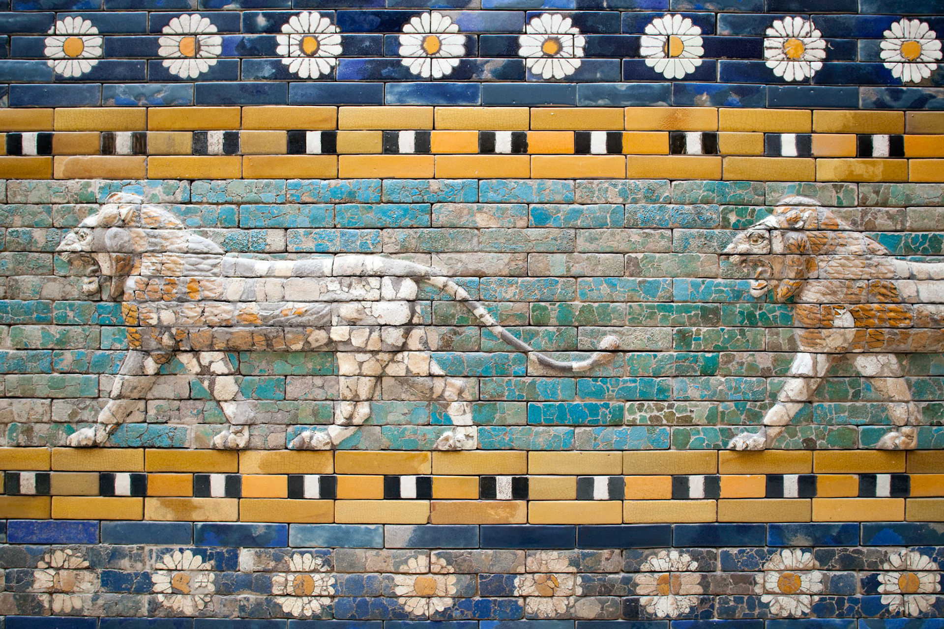 Berlin, Germany, July 24 2009, Admire the detailed ceramic lions from the Ishtar Gate, showcasing ancient Babylonian artistry in Berlin\'s Pergamon Museum.