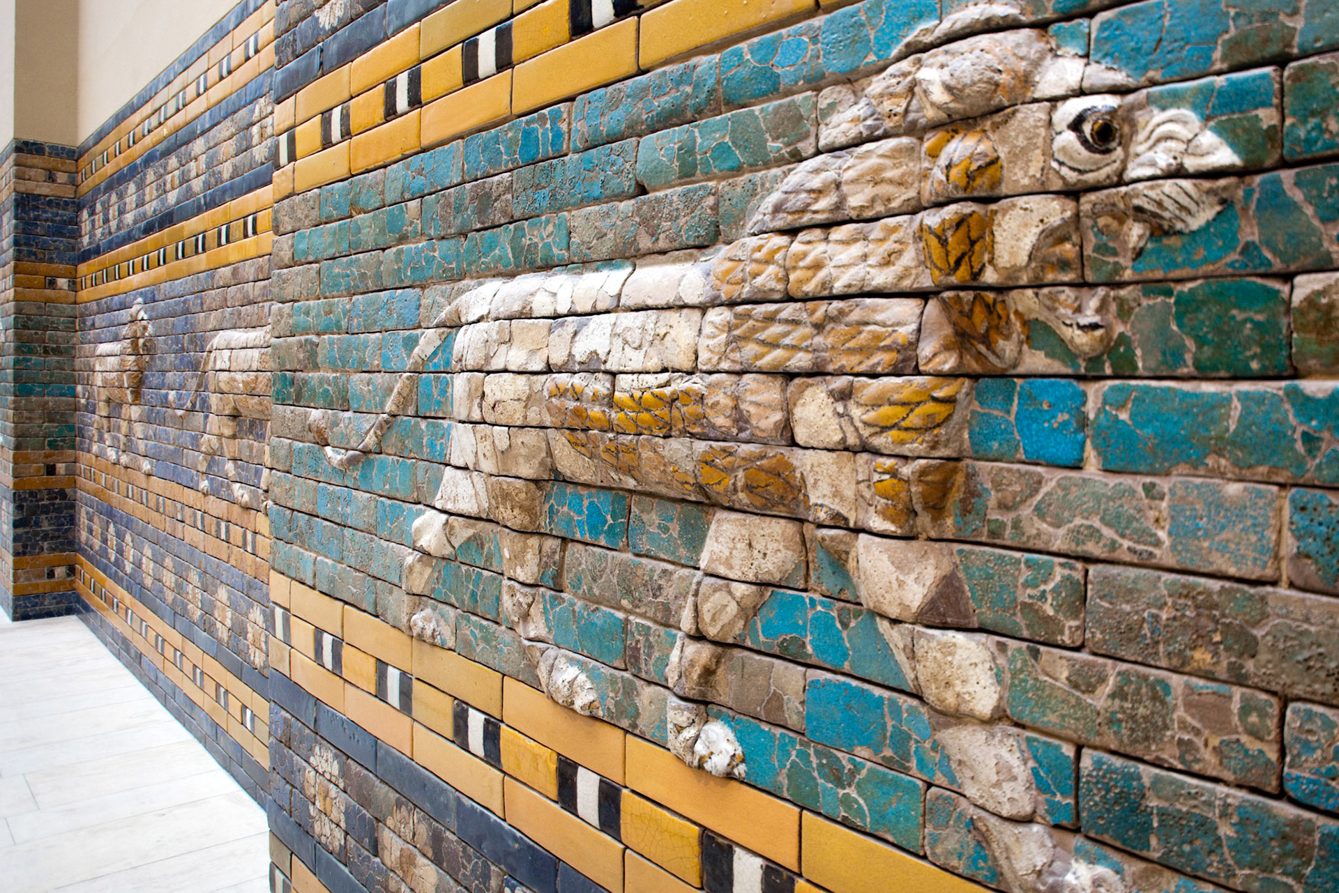 Berlin, Germany, July 24 2009, Glazed ceramic lions display ancient artistry from Babylon’s Ishtar Gate, housed in Berlin\'s Pergamon Museum.