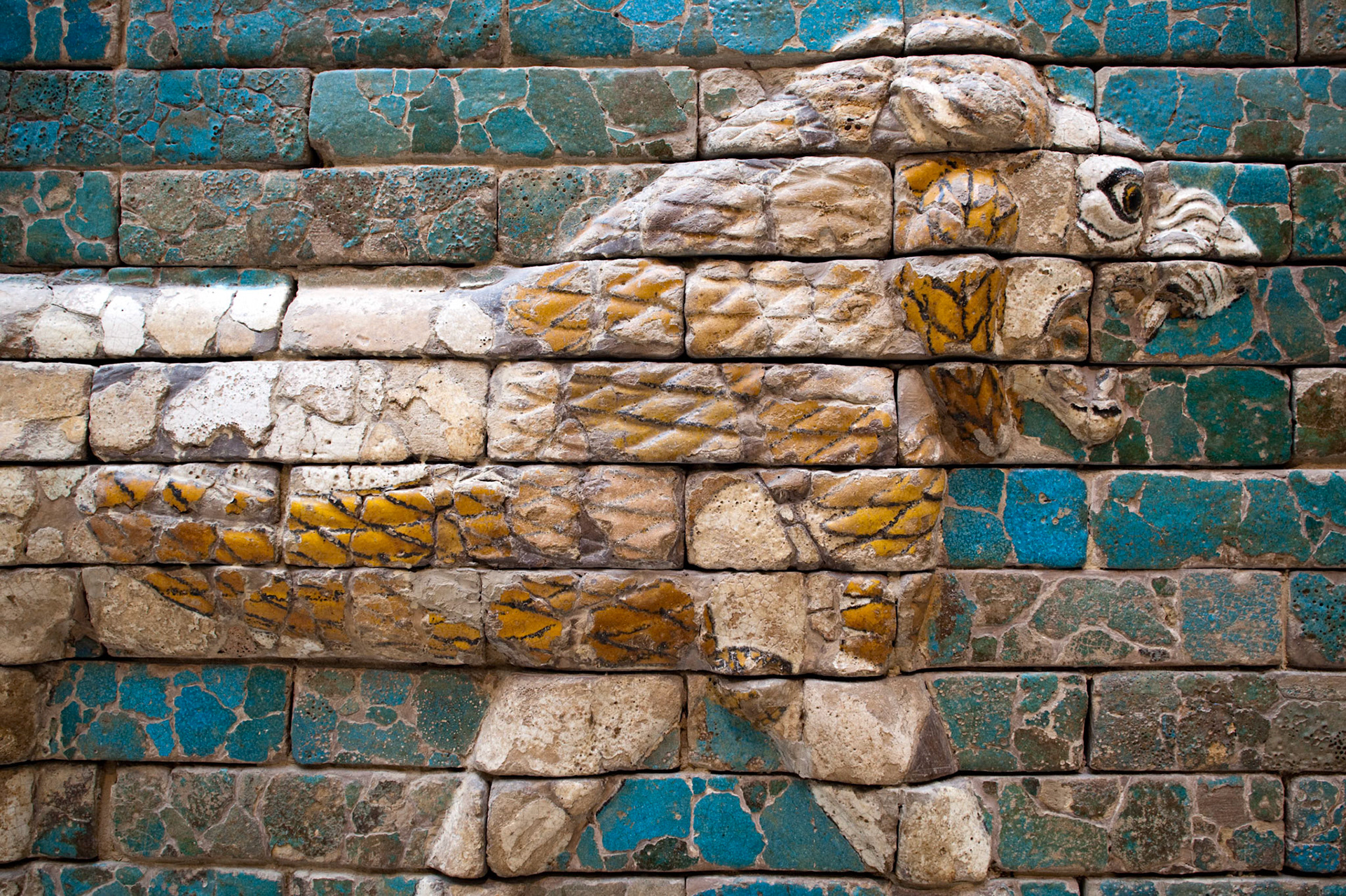 Berlin, Germany, July 24 2009, A glazed ceramic lion decorates the Ishtar Gate exhibit at Berlin\'s Pergamon Museum, highlighting Babylonian artistry.