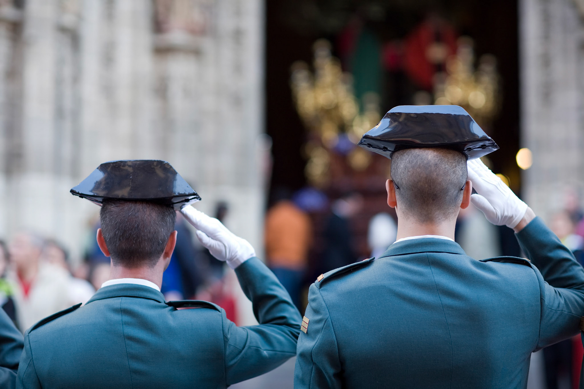 Civil Guards saluting a float, Holy Week 2008, Seville, Spain