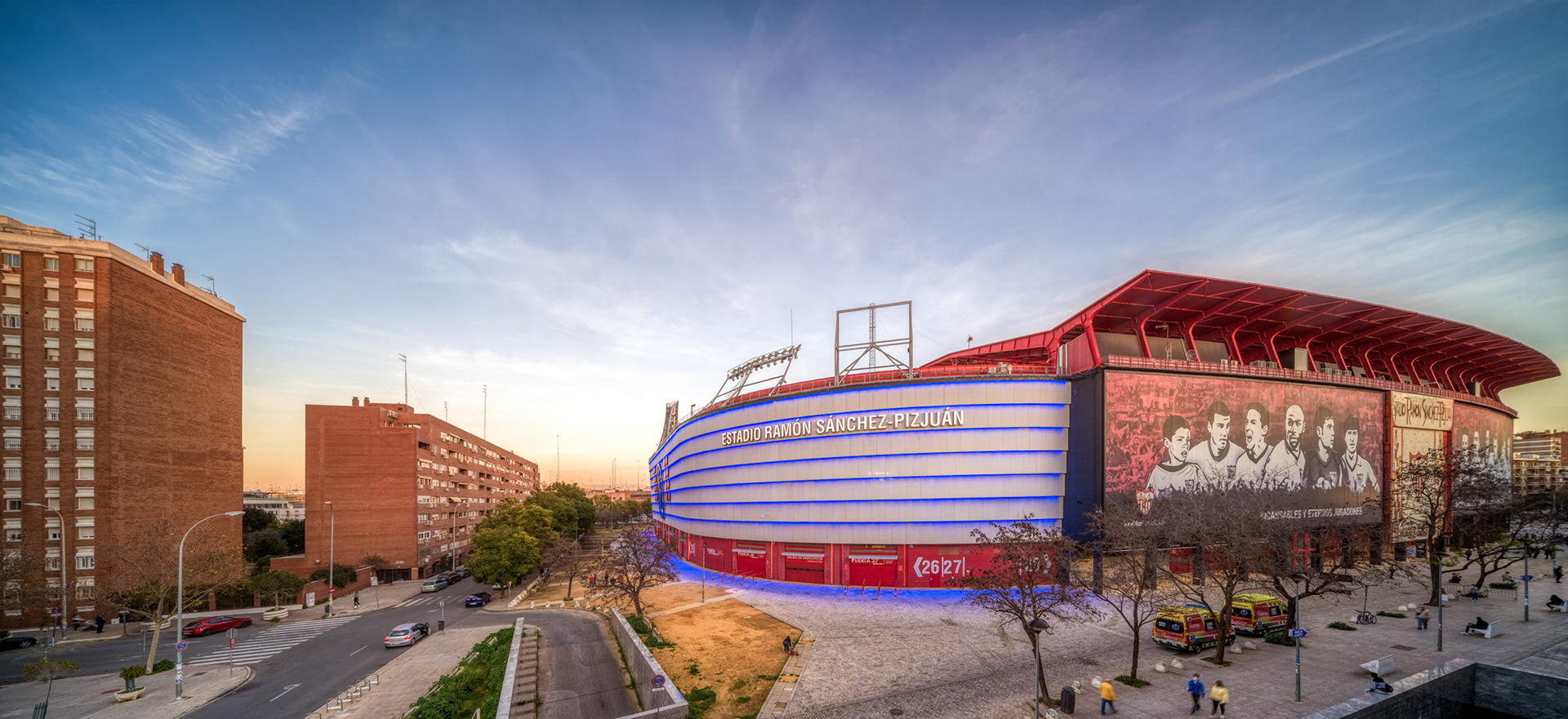 people walk around Sevilla FCs iconic Ramon Sanchez-Pizjuan Stadium in Nervion, Seville, Spain.