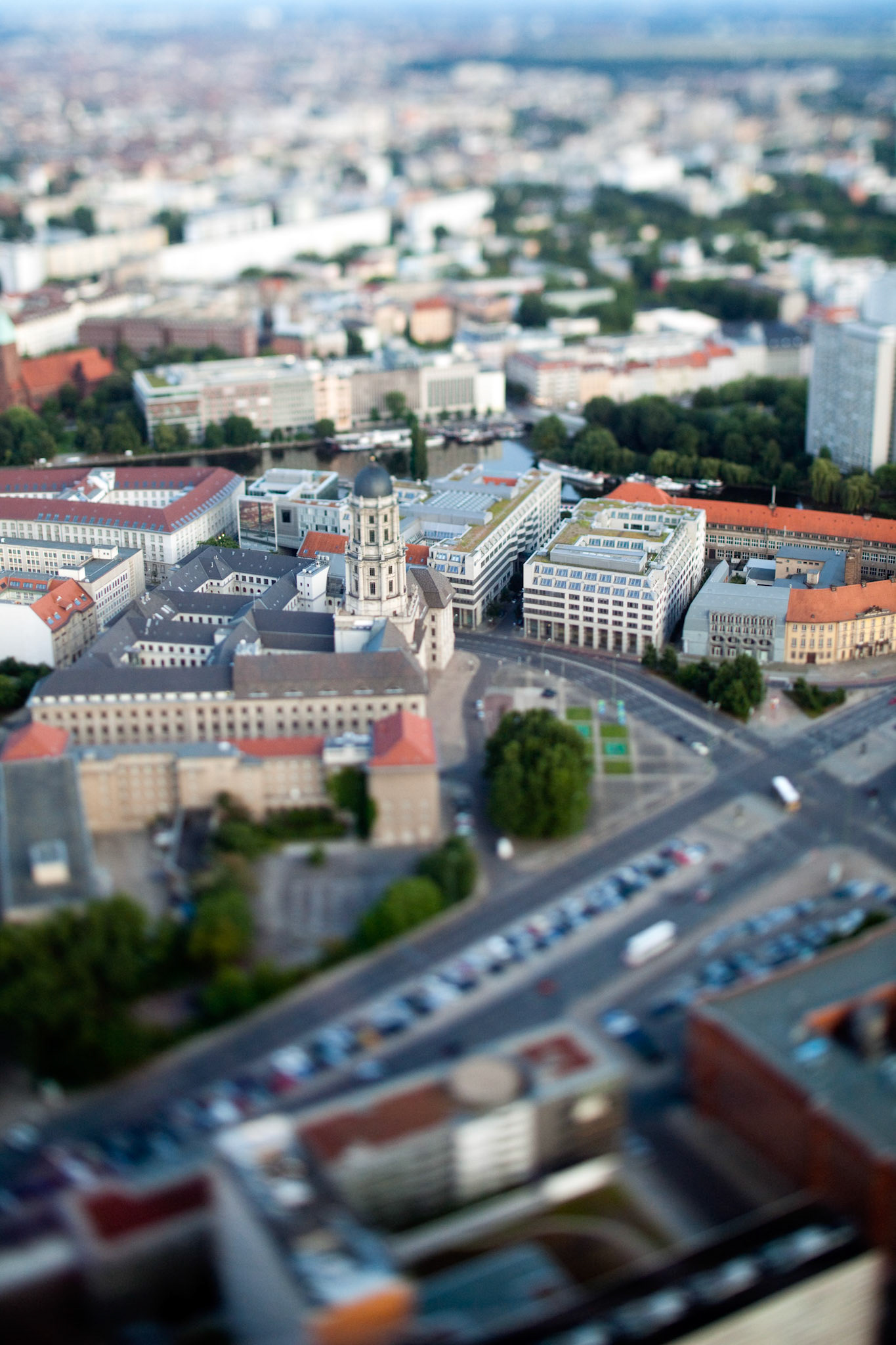 An aerial perspective captures Judenstrasse and Altes Stadthaus, showcasing Berlin\'s urban landscape with a miniaturization effect.