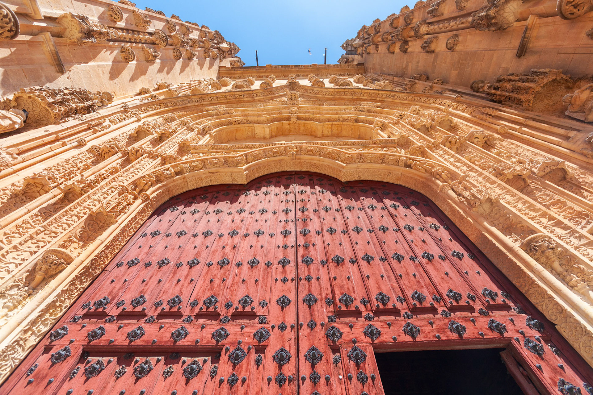 The South Entrance of Salamanca's New Cathedral showcases intricate Plateresque architectural detailing.