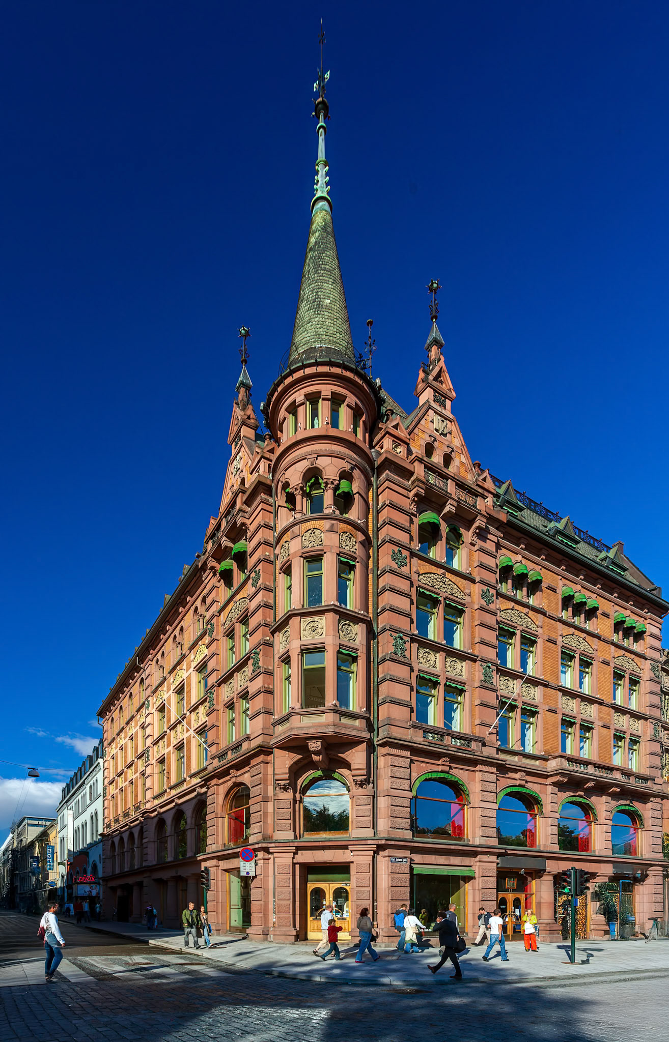 Oslo, Norway, Aug 10 2017, Stunning medieval-inspired architecture of Landkredittgarden attracts visitors along Karl Johans gate in Oslo, Norway on a sunny day.