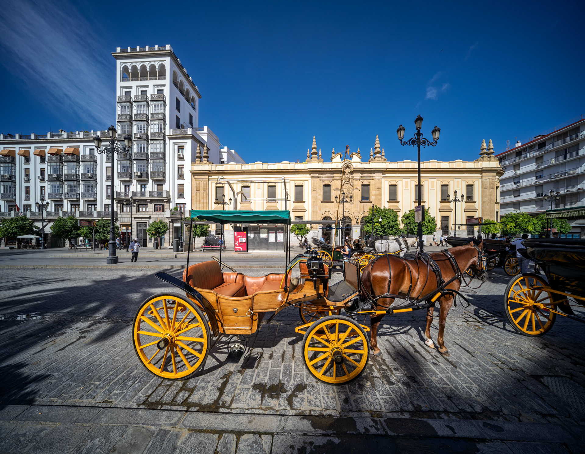 Horse-drawn carriages on Avenida de la Constitución, Seville—set before the eclectic façades of Correos (Lozano &amp; Otamendi, 1927–30) and La Aurora (Illanes del Río, 1933),