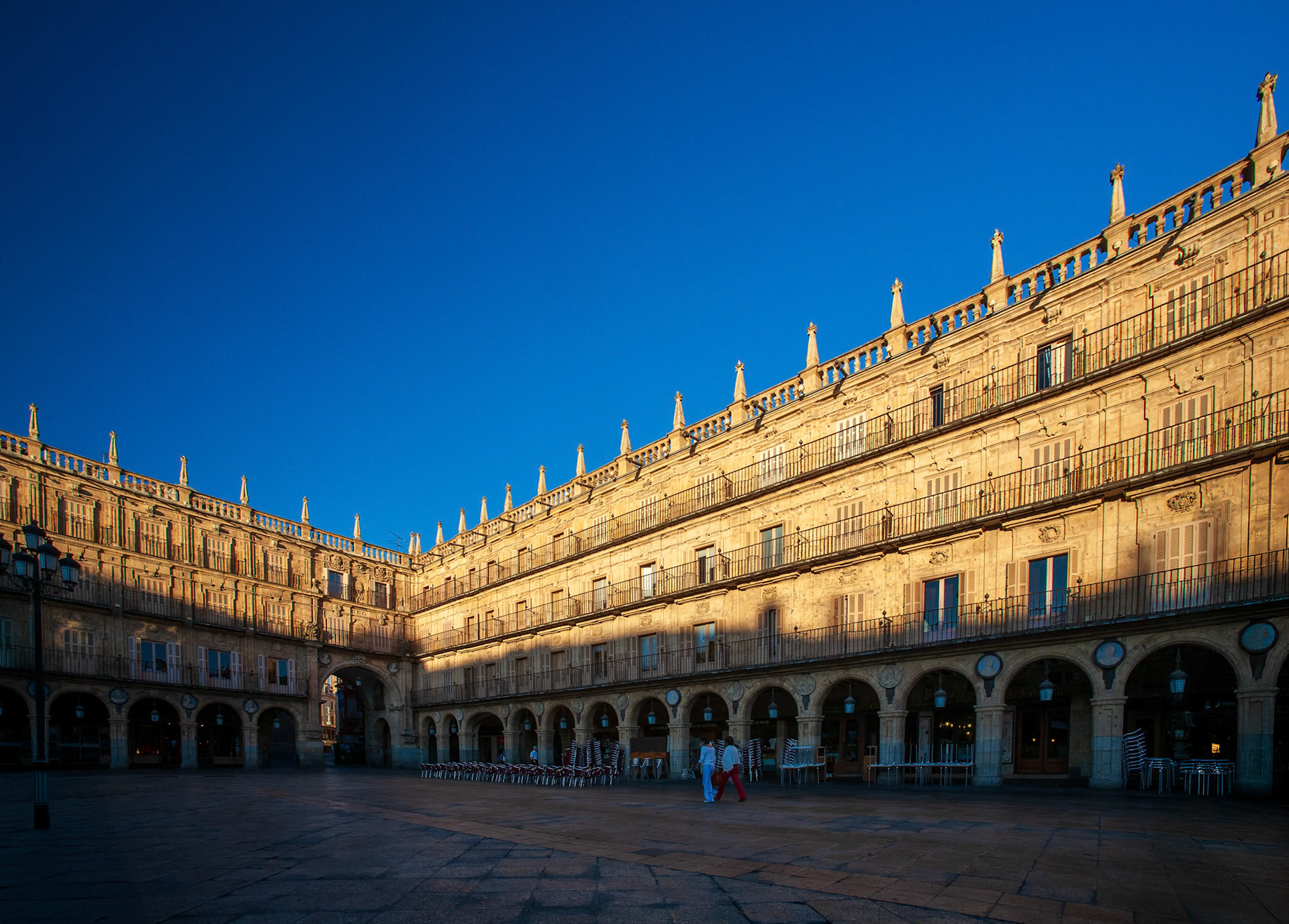 Salamanca, Spain, Aug 18 2018, Elegant architecture of Plaza Mayor in Salamanca, Spain, under the soft morning sunlight.