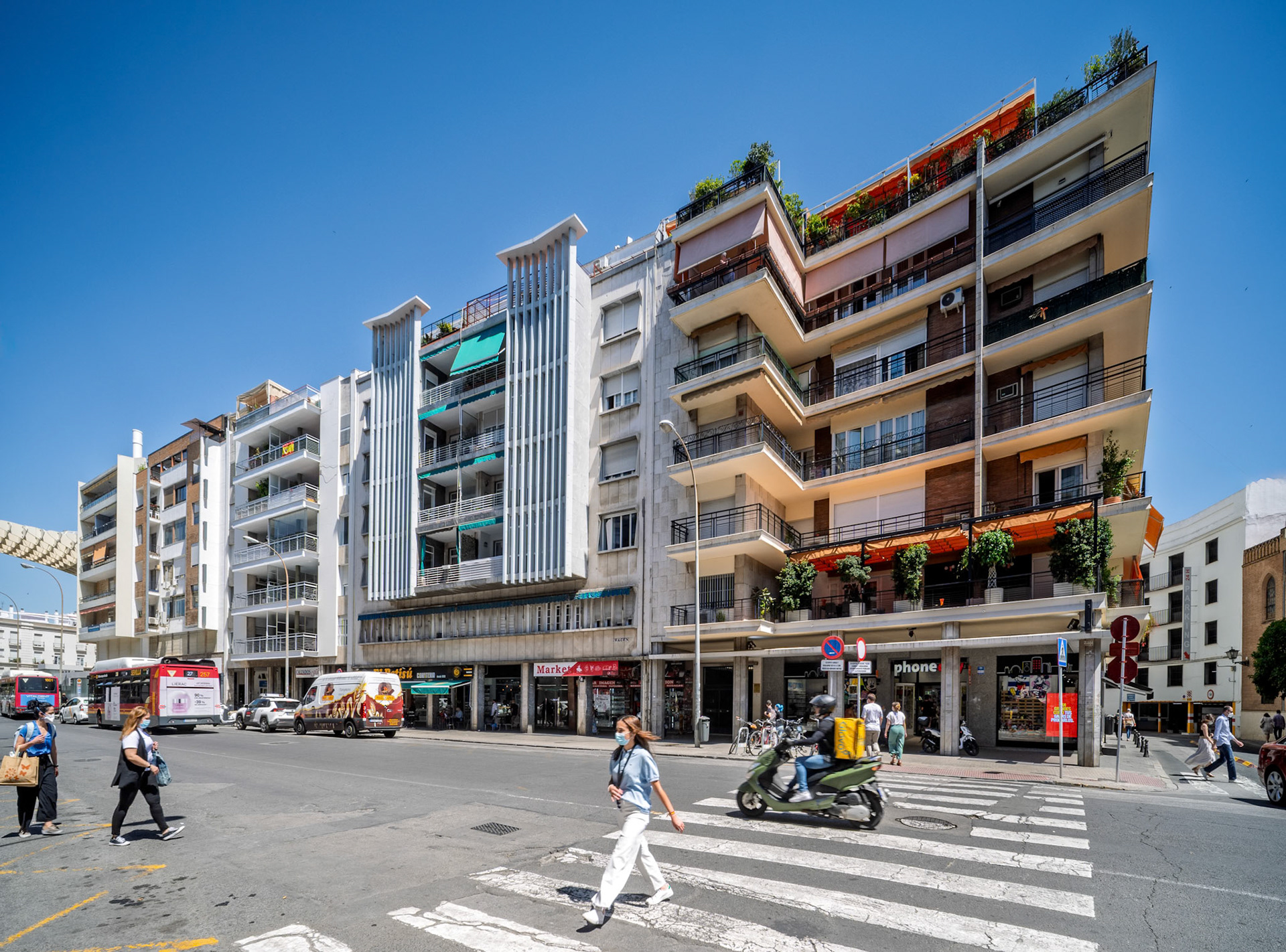 Seville, Spain, May 29 2021, Mid-century architecture defines Imagen Street in Seville, showcasing modern buildings that replaced narrow alleys in the city's urban development.