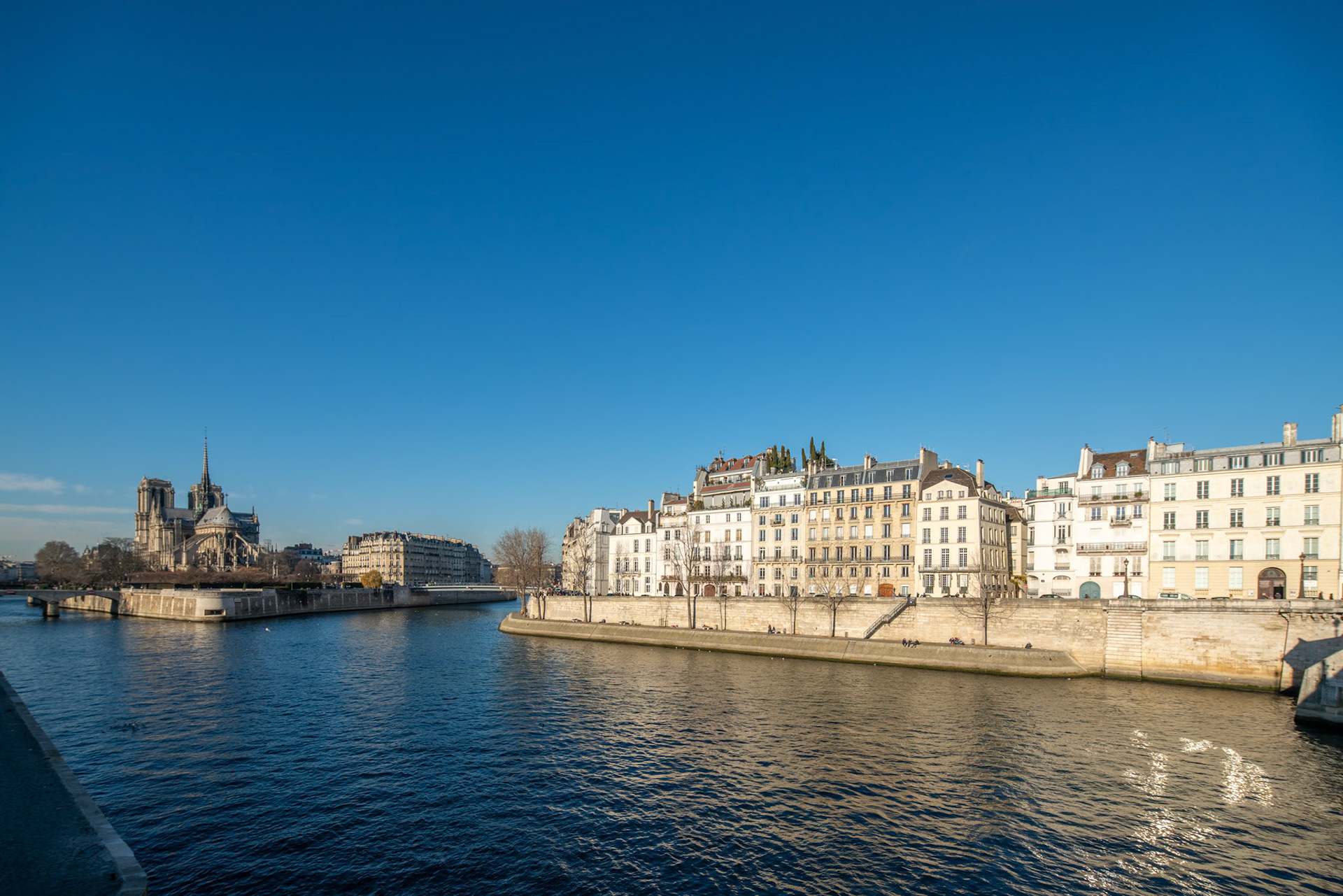 View of the Seine River, Île Saint-Louis, Île de la Cité, and Notre Dame in Paris.