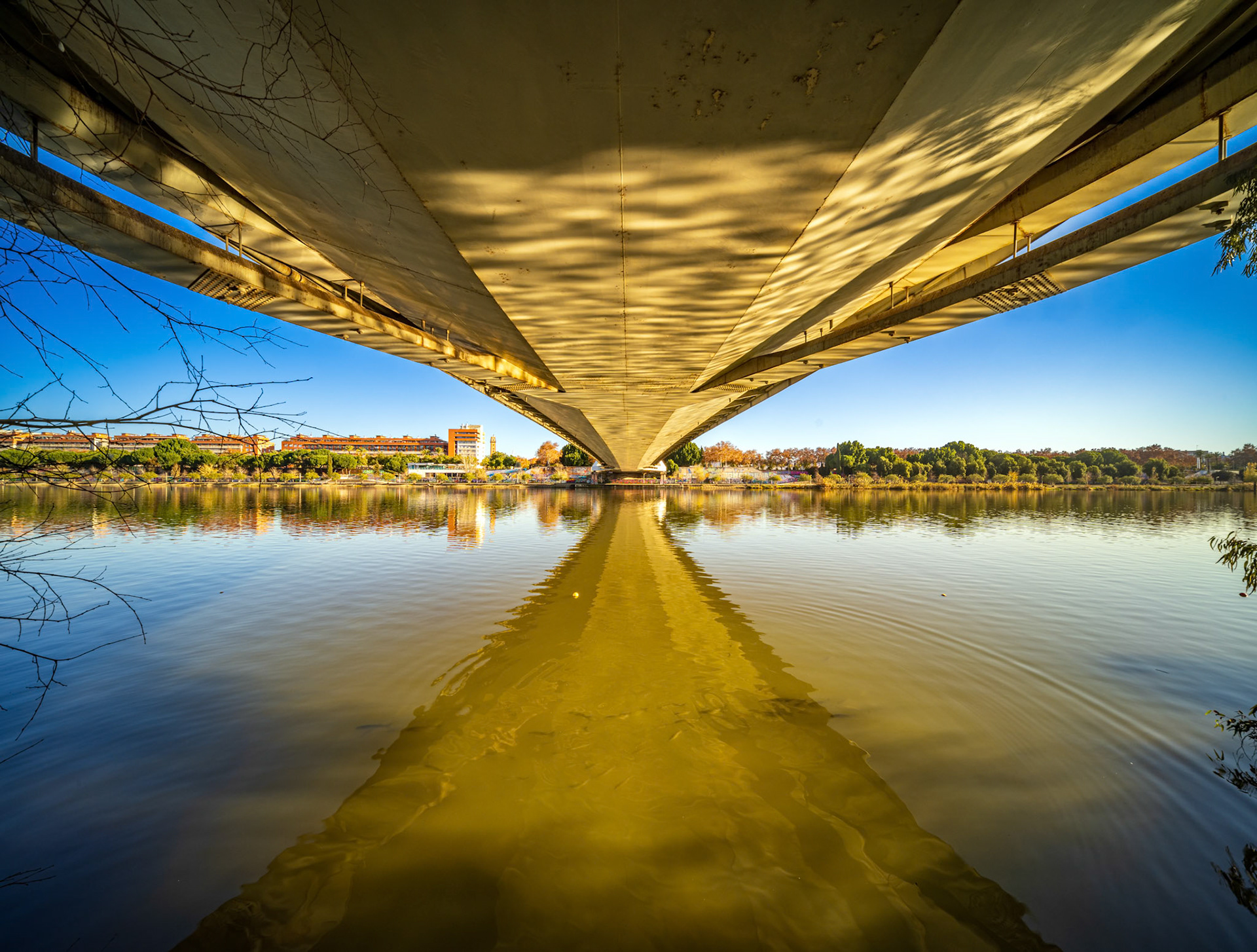 Under the Barqueta Bridge in Seville, steel ribs create striking symmetry. Reflections dance on the serene waters in winter light, showcasing urban beauty.