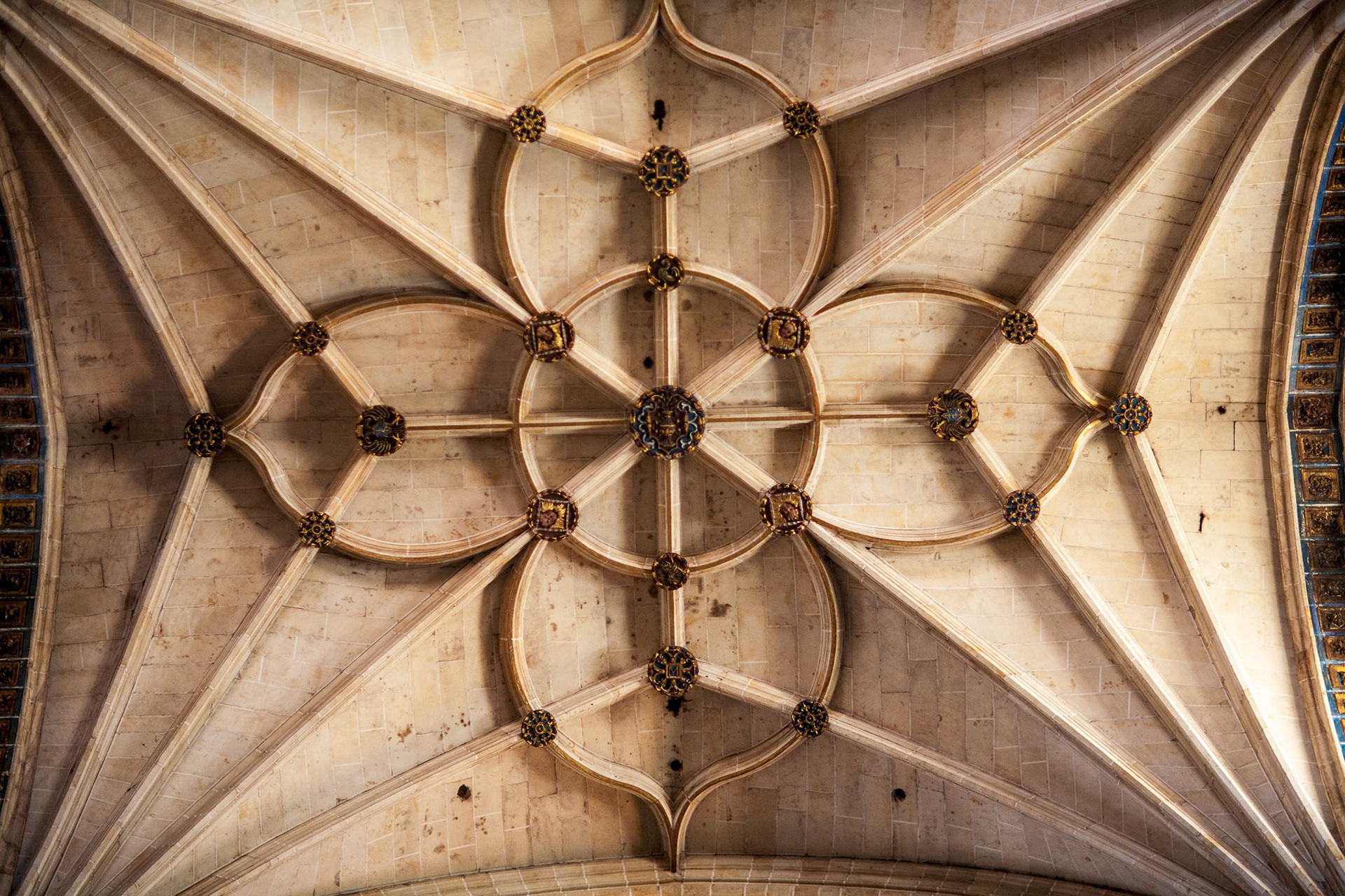 Salamanca, Spain, Aug 18 2018, Intricate Gothic traceries on the ceiling of Salamanca's New Cathedral in Spain.