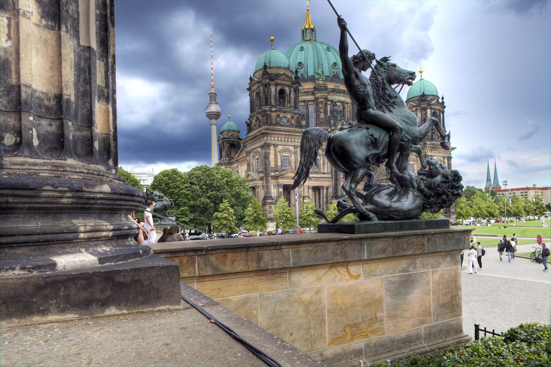 Berlin, Germany, July 29 2009, The Berliner Dom stands majestically with the TV Tower looming in the background, seen from the Altes Museum’s elegant portico.