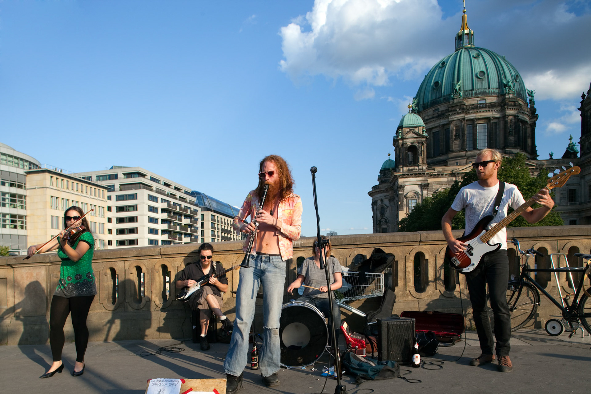 Berlin, Germany, July 27 2009, The Benka Boradovsky Bordello Band entertains passersby on Friedrich Bridge with vibrant music near Berlin\'s Cathedral.