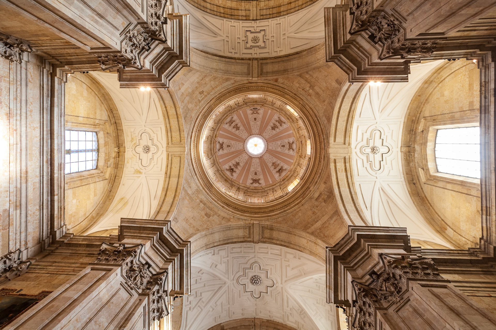 Salamanca, Spain, Aug 18 2018, Detailed perspective of the ornate ceiling in Purisima Concepcion Church, Salamanca, Spain.