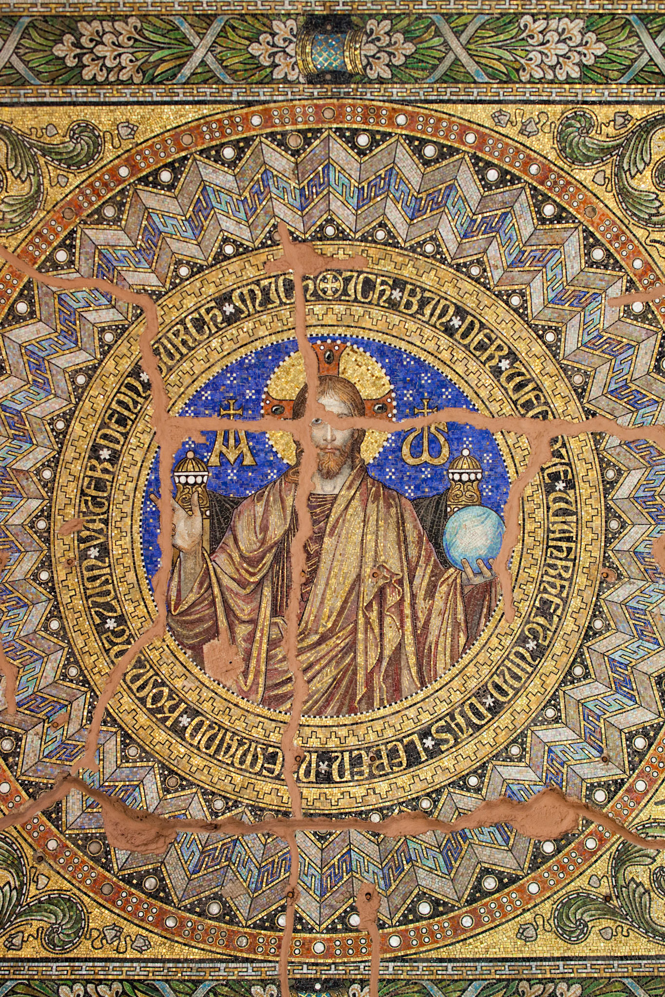 A stunning mosaic depicting Christ, located inside the Kaiser Wilhelm Memorial Church in Berlin\'s Breitscheidplatz.
