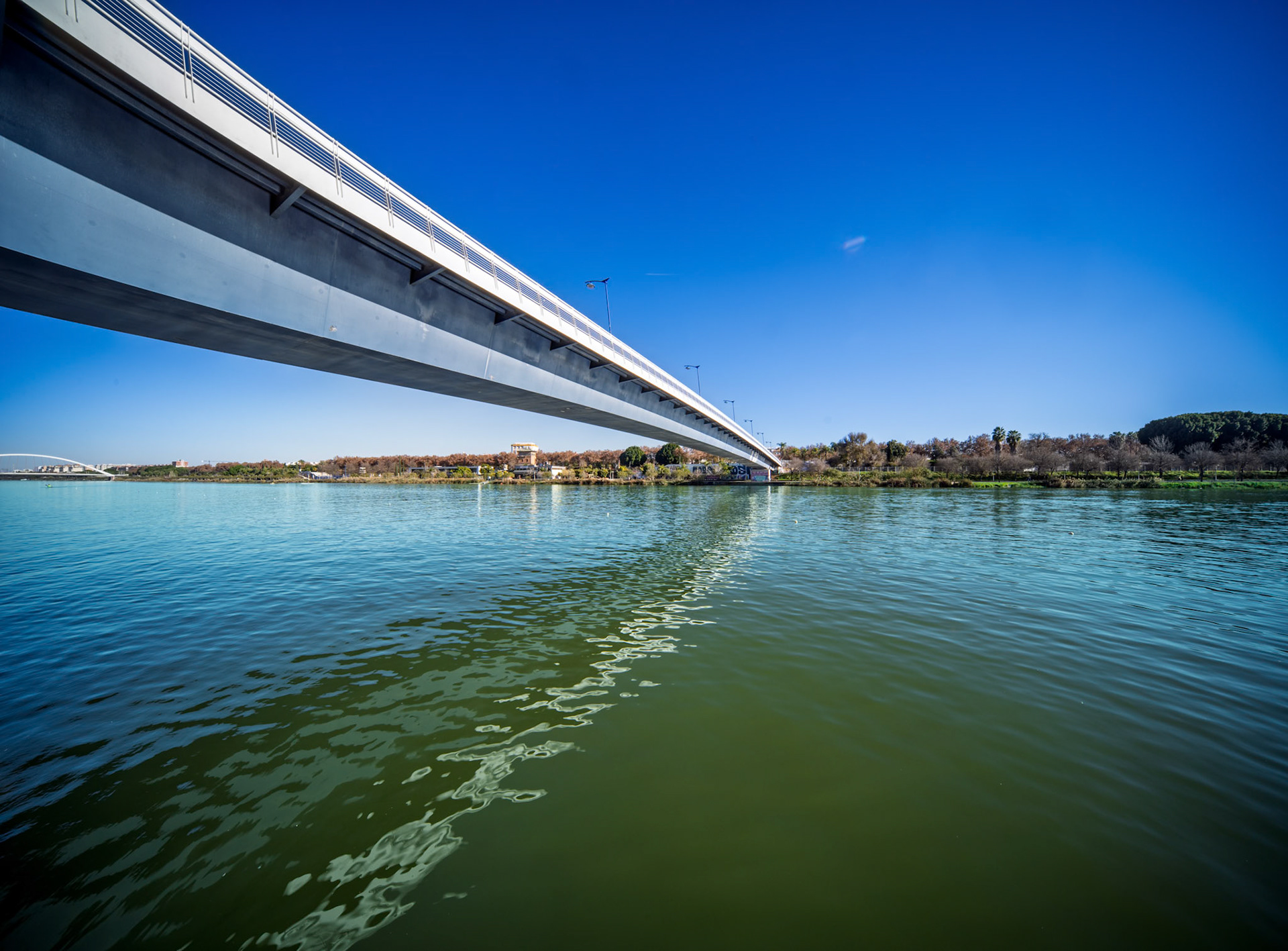 The Cartuja Footbridge spans the Guadalquivir River in Seville, showcasing its modern design against a clear winter sky and shimmering reflections.
