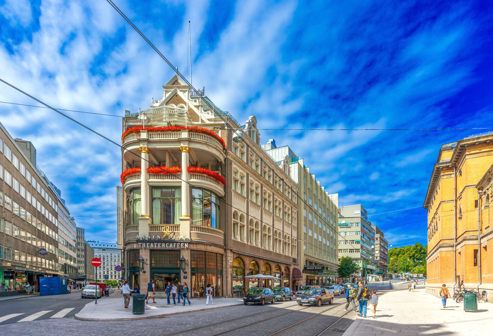 Oslo, Norway, Aug 10 2017, Hotel Continental showcases its elegant architecture while Theatercaféen invites visitors to enjoy its vibrant atmosphere in Oslo.
