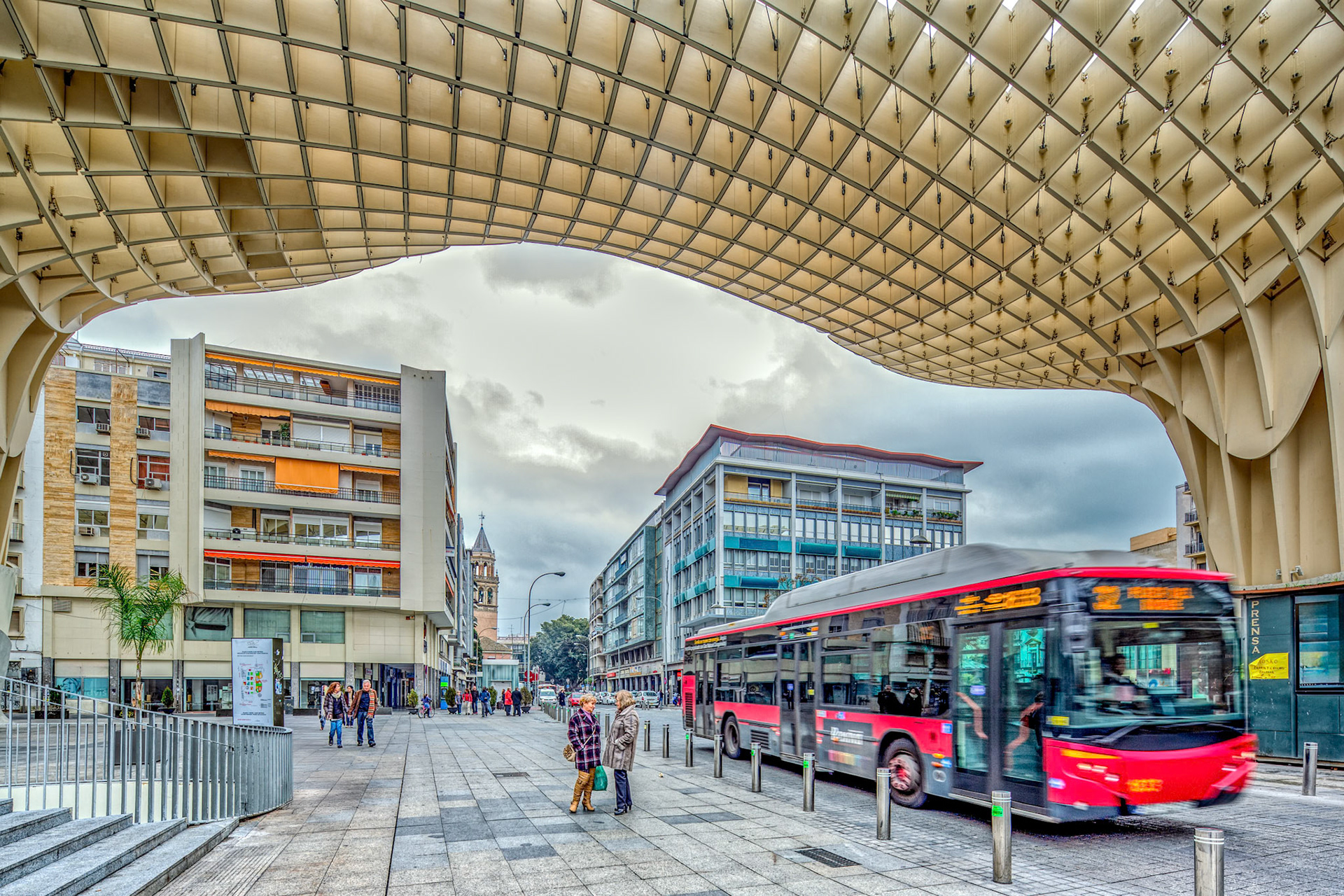 Seville, Spain, Jan 12 2014, A bustling urban scene in Seville featuring Las Setas and city architecture.