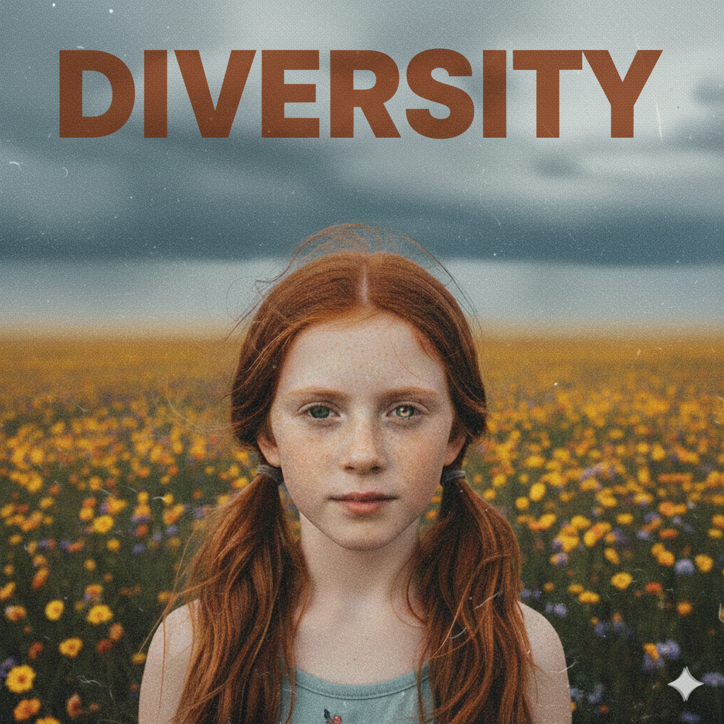 "Fotografia di ritratto sintetica di una bambina con capelli rossi raccolti in due code e lentiggini realistiche. La bambina guarda l'obiettivo con un'espressione serena. Lo sfondo è un ampio campo di fiori gialli e viola sotto un cielo di tempesta drammatico, scuro e granuloso in stile pittorico Turneriano. In alto, la scritta 'DIVERSITY' in caratteri bold color ruggine. L'immagine presenta una forte grana cinematografica che simula una pellicola ISO 1600."