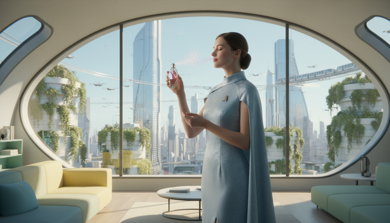 Modella con ERIS Parfum a Milano 2096. Visual Concept CGI/AI lusso. Diretto da AI x Creative Visual Director.