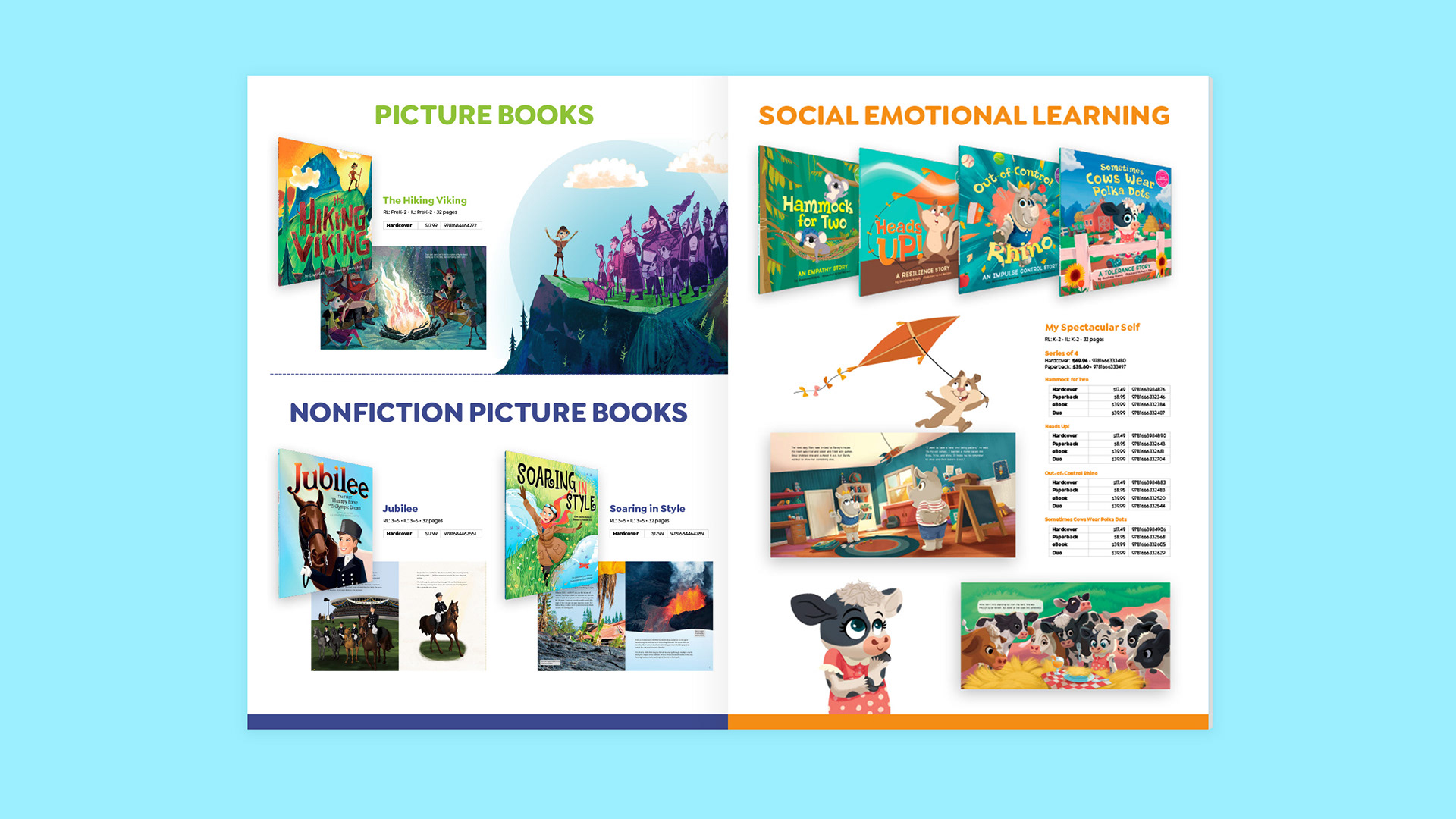 Illustrations by Timothy Banks (The Hiking Viking), Anabella Ortiz (Jubilee), Lissy Marlin (Soaring in Style), and Gal Weizman (My Spectacular Self).