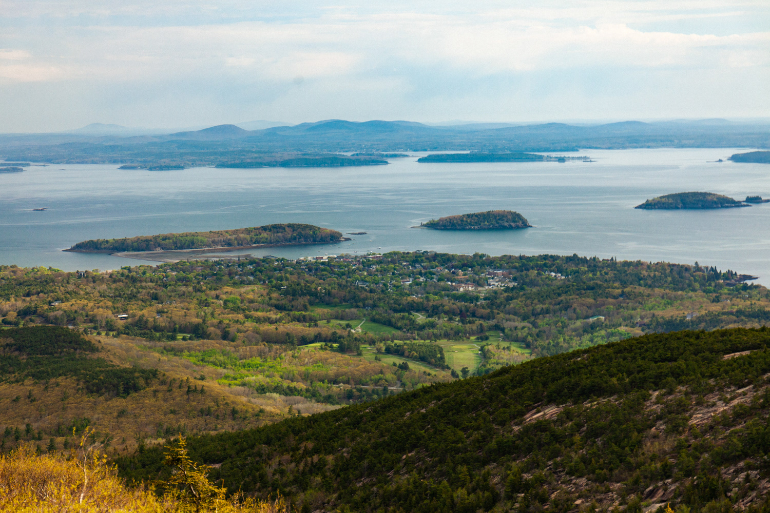 Bar Harbor, Bar Island, and two of the Porcupine Islands from Cadillac Mountain Peak. 