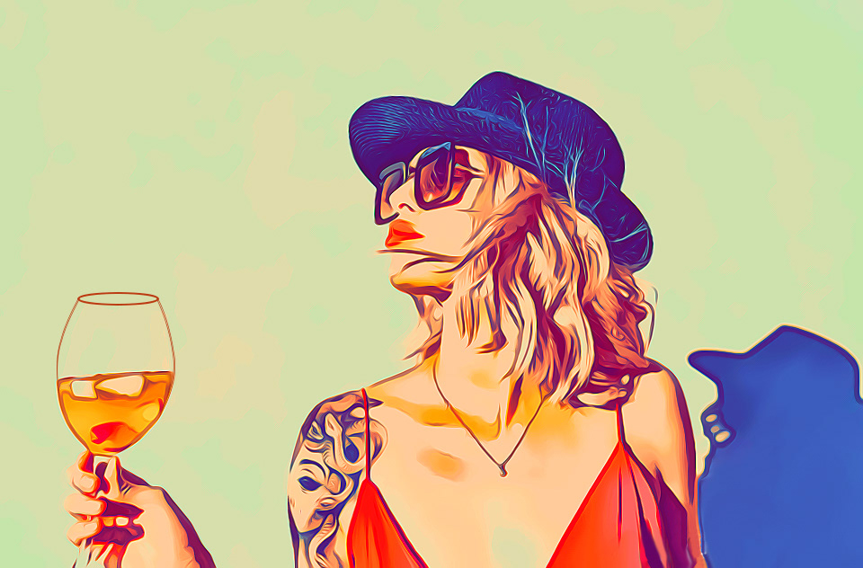 Graphic of girl and glass of orange wine