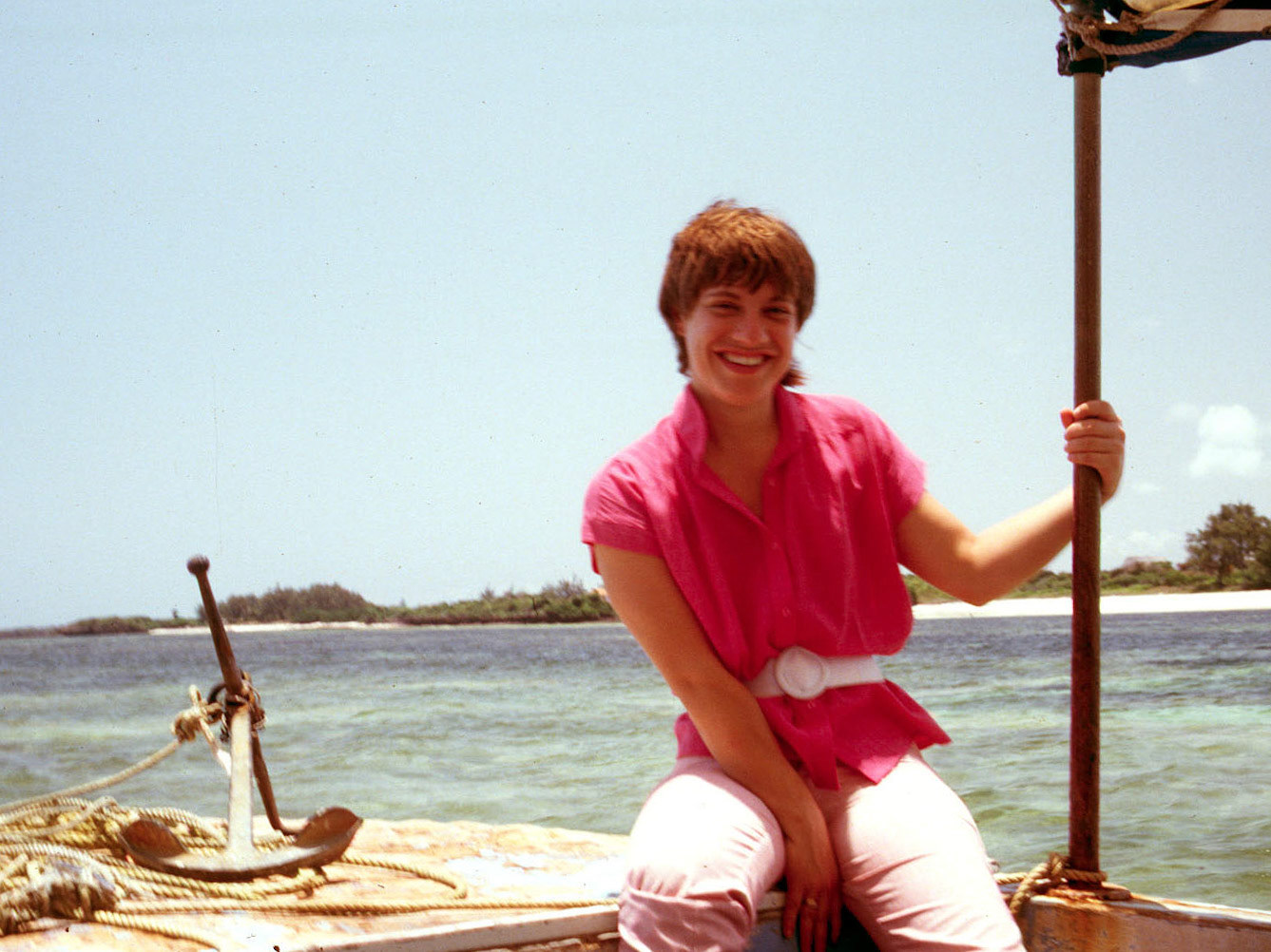 Lesley in glass-bottomed boat, Kenya, 1982