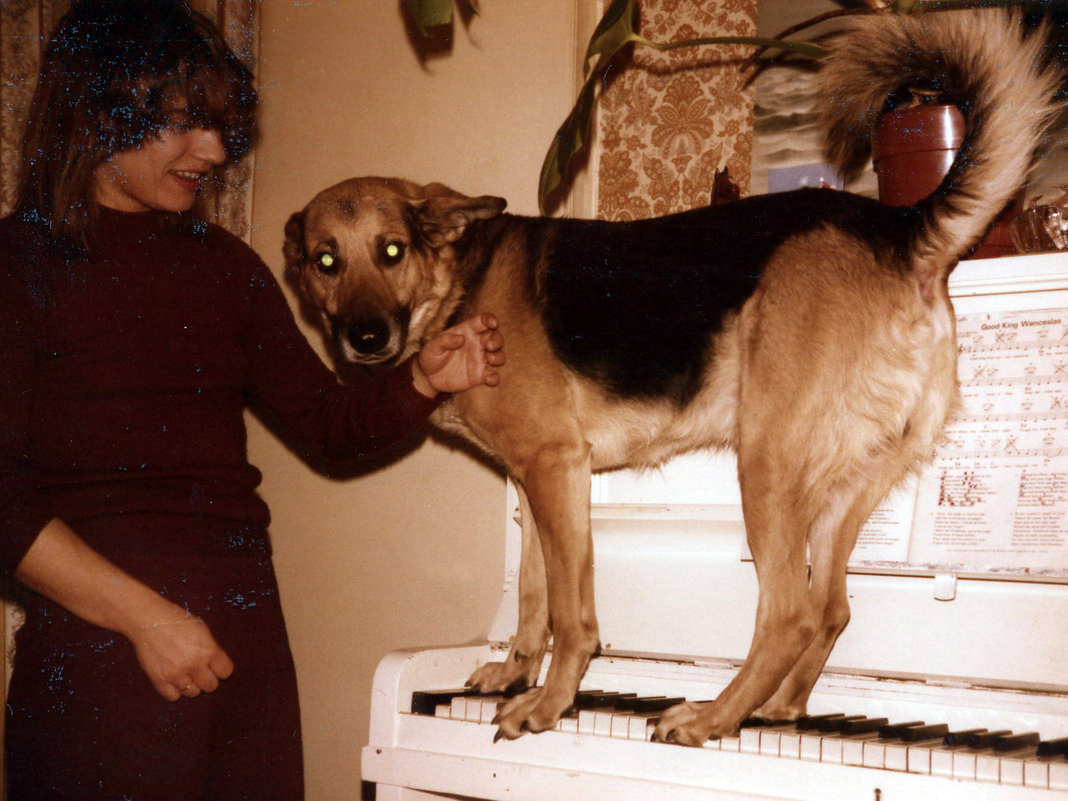 Lesley with pogo, Christmas Eve 1980